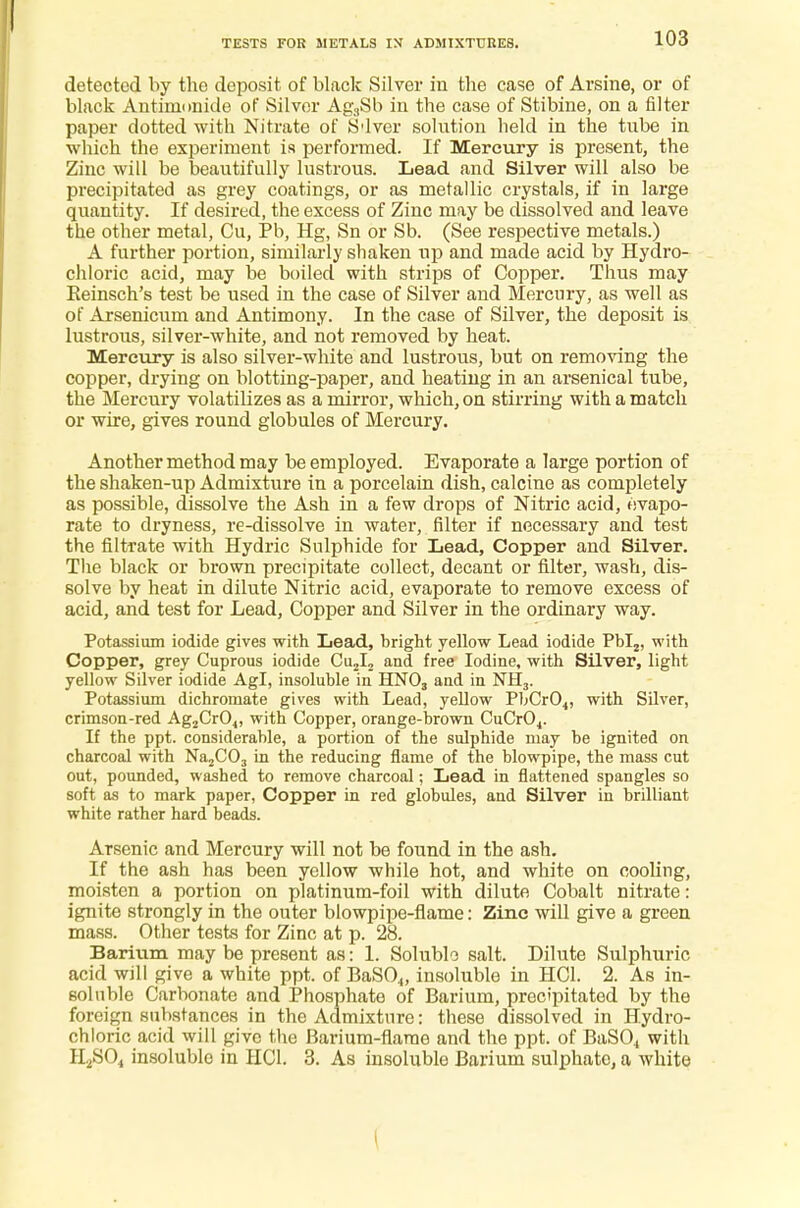 TESTS TOR METALS IN ADMIXTUKE8. detected by the deposit of black Silver in the case of Arsine, or of black Antimonide of Silver Ag3Sb in the case of Stibine, on a filter paper dotted with Nitrate of S'lver solution held in the tube in which the experiment is performed. If Mercury is present, the Zinc will be beautifully lustrous. Lead and Silver will also be precipitated as grey coatings, or as metallic crystals, if in large quantity. If desired, the excess of Zinc may be dissolved and leave the other metal, Cu, Pb, Hg, Sn or Sb. (See respective metals.) A further portion, similarly shaken up and made acid by Hydro- chloric acid, may be boiled with strips of Copper. Thus may Eeinsch's test be used in the case of Silver and Mercury, as well as of Arsenicum and Antimony. In the case of Silver, the deposit is lustrous, silver-white, and not removed by heat. Mercury is also silver-white and lustrous, but on removing the copper, drying on blotting-paper, and heating in an arsenical tube, the Mercury volatilizes as a mirror, which, on stirring with a match or wire, gives round globules of Mercury. Another method may be employed. Evaporate a large portion of the shaken-up Admixture in a porcelain dish, calcine as completely as possible, dissolve the Ash in a few drops of Nitric acid, evapo- rate to dryness, re-dissolve in water, filter if necessary and test the filtrate with Hydric Sulphide for Lead, Copper and Silver. The black or brown precipitate collect, decant or filter, wash, dis- solve by heat in dilute Nitric acid, evaporate to remove excess of acid, and test for Lead, Copper and Silver in the ordinary way. Potassium iodide gives with Lead, bright yellow Lead iodide Pbl2, with Copper, grey Cuprous iodide Cu2I2 and free Iodine, with Silver, light yellow Silver iodide Agl, insoluble in HN03 and in NH3. Potassium dichromate gives with Lead, yellow PbCr04, with Silver, crimson-red Ag2Cr04, with Copper, orange-brown CuCr04. If the ppt. considerable, a portion of the sulphide may be ignited on charcoal with Na2C03 in the reducing flame of the blowpipe, the mass cut out, pounded, washed to remove charcoal; Lead in flattened spangles so soft as to mark paper, Copper in red globules, and Silver in brilliant white rather hard beads. Arsenic and Mercury will not be found in the ash. If the ash has been yellow while hot, and white on cooling, moisten a portion on platinum-foil with dilute Cobalt nitrate: ignite strongly in the outer blowpipe-flame: Zinc will give a green mass. Other tests for Zinc at p. 28. Barium may be present as: 1. Solublo salt. Dilute Sulphuric acid will give a white ppt. of BaS04, insoluble in HC1. 2. As in- soluble Carbonate and Phosphate of Barium, precipitated by the foreign substances in the Admixture: these dissolved in Hydro- chloric acid will give the Barium-flame and the ppt. of BaS04 with H2S04 insoluble in HC1. 3. As insoluble Barium sulphate, a white I