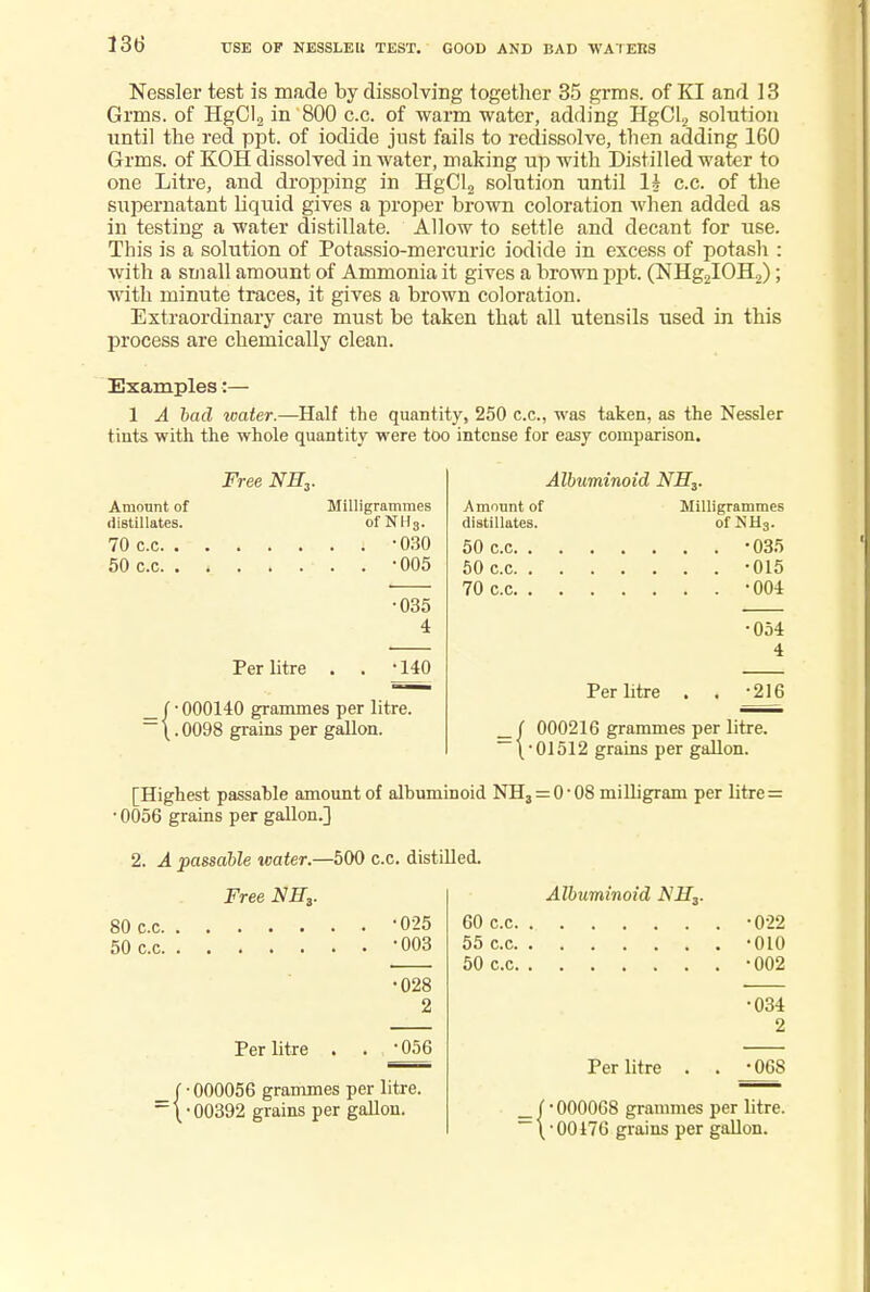 USE OF NESS LEU TEST. GOOD AND BAD WAIERS Nessler test is made by dissolving together 35 grms. of KI and 13 Grms. of HgCl2 in 800 c.c. of warm water, adding HgCl2 solution until the red ppt. of iodide just fails to redissolve, then adding 160 Grms. of KOH dissolved in water, making up with Distilled water to one Litre, and dropping in HgCl2 solution until li c.c. of the supernatant liquid gives a proper brown coloration when added as in testing a water distillate. Allow to settle and decant for use. This is a solution of Potassio-mercuric iodide in excess of potash : with a small amount of Ammonia it gives a brown ppt. (NHg2IOH2); with minute traces, it gives a brown coloration. Extraordinary care must be taken that all utensils used in this process are chemically clean. Examples:— 1 A bad water.—Half the quantity, 250 c.c, was taken, as the Nessler tints with the whole quantity were too intense for easy comparison. Free NH,. Amount of distillates. 70 c.c. . 50 c.c. . Milligrammes of NH3. . i -030 . . -005 Per litre 40 grammi . 0098 grains per gallon. •035 4 •140 _ | • 000140 grammes per litre. Albuminoid NH3. Amount of distillates. 50 c.c. . 50 c.c. . 70 c.c. . Milligrammes of NH3. . . -035 . . '015 . . -004 Per litre •054 4 •216 _( 000216 grammes per litre. — \-01512 grains per gallon. [Highest passable amount of albuminoid NH3 = 0 • 08 milligram per litre: • 0056 grains per gallon.] 2. A passable water.—500 c.c. distilled. Free NH3. 80 c.c. 50 c.c. Per litre •025 •003 •028 2 •056 _J-000056 grammes per litre. ~\-00392 grains per gallon. Albuminoid A7lf3. 60 c.c. . 55 c.c. . 50 c.c. . Per litre •022 •010 •002 •034 2 •068 000068 grammes per litre. _\-00176 76 grains per gallon.