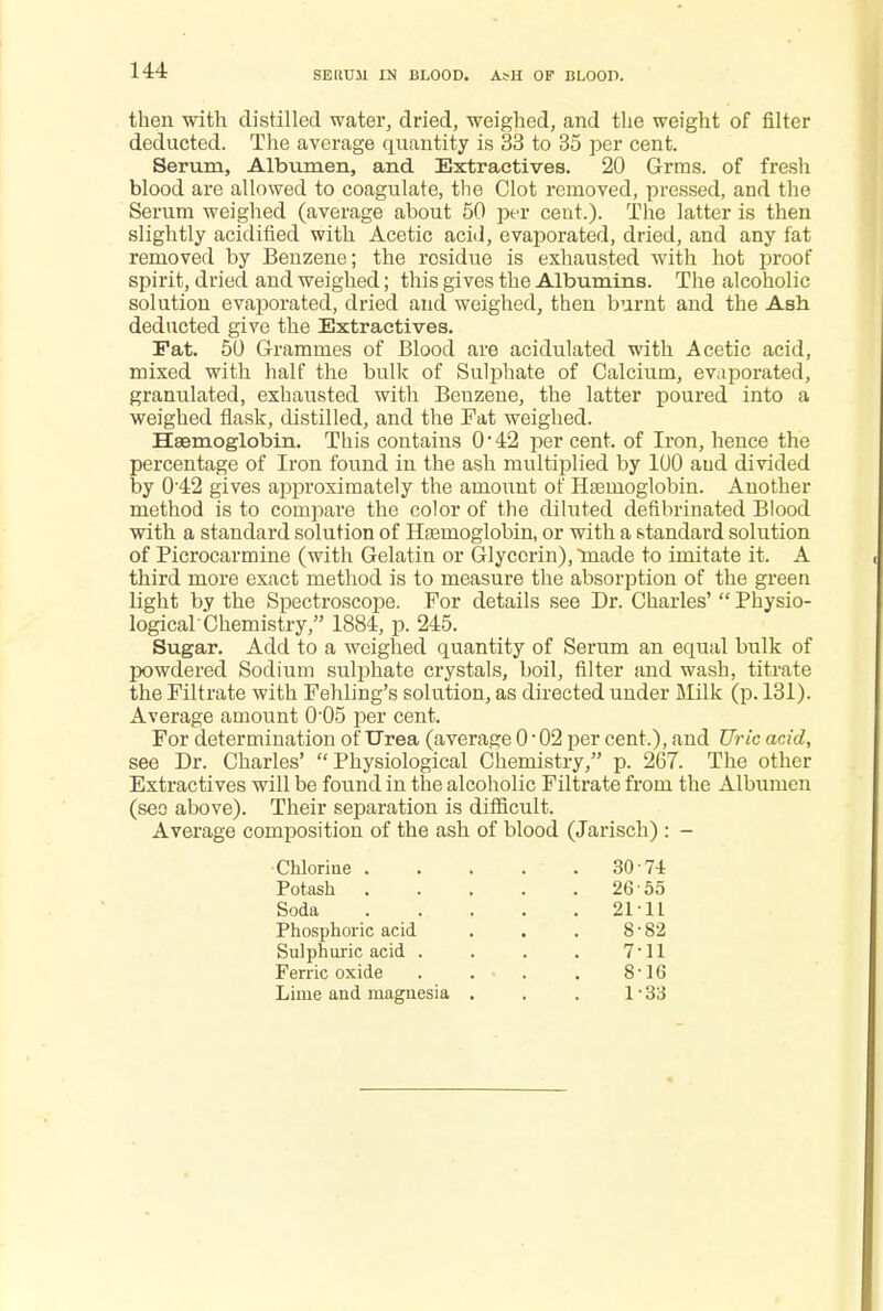 SEKUM IN BLOOD. A?H OF BLOOD. then with distilled water, dried, weighed, and the weight of filter deducted. The average quantity is 33 to 35 per cent. Serum, Albumen, and Extractives. 20 Grms. of fresh blood are allowed to coagulate, the Clot removed, pressed, and the Serum weighed (average about 50 per cent.). The latter is then slightly acidified with Acetic acid, evaporated, dried, and any fat removed by Benzene; the residue is exhausted with hot proof spirit, dried and weighed; this gives the Albumins. The alcoholic solution evaporated, dried and weighed, then burnt and the Ash deducted give the Extractives. Fat. 50 Grammes of Blood are acidulated with Acetic acid, mixed with half the bulk of Sulphate of Calcium, evaporated, granulated, exhausted with Beuzene, the latter poured into a weighed flask, distilled, and the Fat weighed. Haemoglobin. This contains 0 ■ 42 per cent, of Iron, hence the percentage of Iron found in the ash multiplied by 100 and divided by 0'42 gives approximately the amount of Hasinoglobin. Another method is to compare the color of the diluted defibrinated Blood with a standard solution of Haemoglobin, or with a standard solution of Picrocarmine (with Gelatin or Glycerin), made to imitate it. A third more exact method is to measure the absorption of the green light bv the Spectroscope. For details see Dr. Charles'  Physio- logical Chemistry, 1884, p. 245. Sugar. Add to a weighed quantity of Serum an equal bulk of powdered Sodium sulphate crystals, boil, filter and wash, titrate the Filtrate with Fehling's solution, as directed under Milk (p. 131). Average amount 0-05 per cent. For determination of Urea (average 0 ■ 02 per cent.), and Uric acid, see Dr. Charles' Physiological Chemistry, p. 267. The other Extractives will be found in the alcoholic Filtrate from the Albumen (seo above). Their separation is difficult. Average composition of the ash of blood (Jarisch): - Chlorine . Potash . Soda Phosphoric acid Sulphuric acid . Ferric oxide Lime and magnesia 26 21 8 7 8 1 71 55 11 82 11 16 33