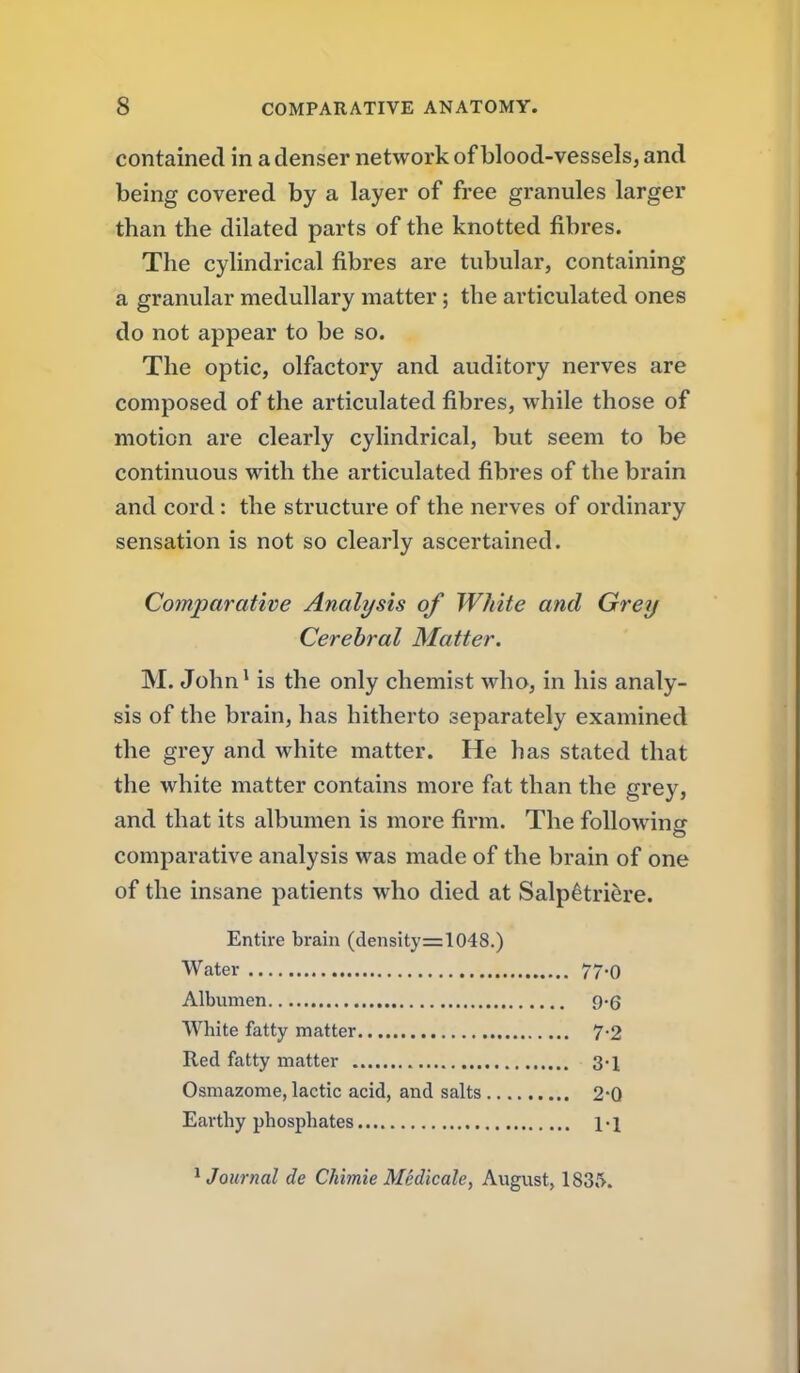 contained in a denser network of blood-vessels, and being covered by a layer of free granules larger than the dilated parts of the knotted fibres. The cylindrical fibres are tubular, containing a granular medullary matter; the articulated ones do not appear to be so. The optic, olfactory and auditory nerves are composed of the articulated fibres, while those of motion are clearly cylindrical, but seem to be continuous with the articulated fibres of the brain and cord: the structure of the nerves of ordinary sensation is not so clearly ascertained. Comparative Analysis of White and Grey Cerebral Matter. M. John^ is the only chemist who, in his analy- sis of the brain, has hitherto separately examined the grey and white matter. He has stated that the white matter contains more fat than the grey, and that its albumen is more firm. The followinsr comparative analysis was made of the brain of one of the insane patients who died at Salp^triere. Entire brain (density=1048.) Water 77-0 Albumen 9-6 White fatty matter 7-2 Red fatty matter 3-1 Osmazome, lactic acid, and salts 2-0 Earthy phosphates 1 • 1 Journal de Chimie Medicale, August, 1835.