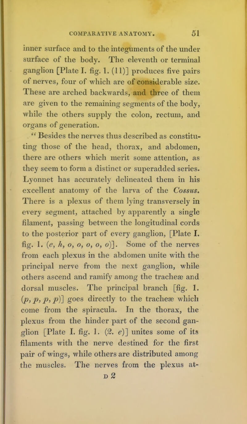 inner surface and to the integuments of the under surface of tlie body. The eleventh or terminal ganglion [Plate I. fig. 1. (11)] produces five pairs of nerves, four of which are of considerable size. These are arched backwards, and three of them are given to the remaining segments of the body, while the others supply the colon, rectum, and organs of generation. Besides the nerves thus described as constitu- ting those of the head, thorax, and abdomen, there are others which merit some attention, as they seem to form a distinct or superadded series. Lyonnet has accurately delineated them in his excellent anatomy of the larva of the Cossus, There is a plexus of them lying transversely in every segment, attached by apparently a single filament, passing between the longitudinal cords to the posterior part of every ganglion, [Plate I. fig. 1, {e, h, o, o, o, o, o)]. Some of the nerves from each plexus in the abdomen unite with the principal nerve from the next ganglion, while others ascend and ramify among the tracheae and dorsal muscles. The principal branch [fig. 1. {p, p, p, p)] goes directly to the tracheae which come from the spiracula. In the thorax, the plexus from the hinder part of the second gan- glion [Plate I. fig. 1. (2. e)'\ unites some of its filaments with the nerve destined for the first pair of wings, while others are distributed among the muscles. The nerves from the plexus at- d2