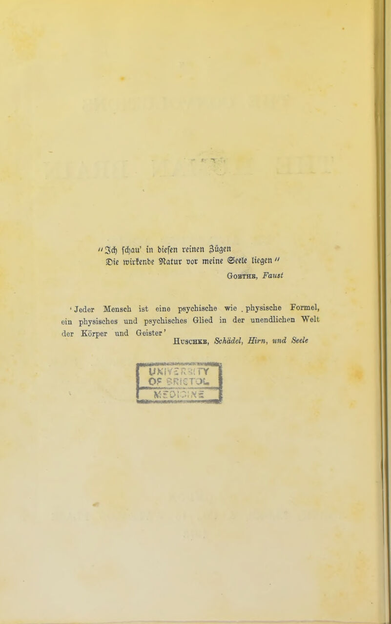 3d) fci)au' in biefen fcinen 3u9en £)ie tt)ii-fcnbe ^atnx not meine <Seele liegcn  GoHTHB, Faust ' Jeder Mensch ist eine psychische wie . physische Formel, ein physisches und psychisches Glied in der unendlichen Welt der Korper \md Geister' HuscHKB, Schddel, Him, und Seele