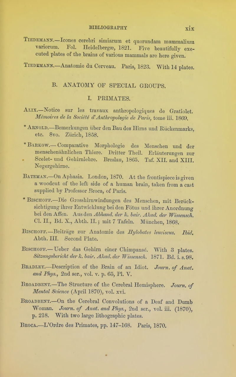 Tmdemann.—Icones cerebri simiarum et quorundam mammaliiuu variorum. Fol. Heidelbergfe, 1821. Five beautifully exe- cuted plates of the brains of various mammals are here given. TiEDEMANN.—Anatomie du Cerveau. Paris, 1823. With 14 plates. B. ANATOMY OF SPECIAL GROUPS. I. PRIMATES. Alix.—Notice sur les travaux anthropologiques de Gratiolet. Mvmoires de la Societe cTAnthroiwlofjie de Paris, tome iii. 1869. * Arnold.—Bemerkungen liber den Bau des Ilirns und Riickenmarks, etc. Svo. Ziirich, 18-38. *Baekoav.— Comparative Morphologie des Menschen und der menscheniihnlichen Thiere. Dritter Theil. Erliiuterungen zur Scelet- und Gehirulehre. Breslau, 1805. Taf. XII. and XIII. Negergehirne. Bateman.—On Aphasia. London, 1870. At the frontispiece is given a woodcut of the left side of a human brain, taken from a cast supplied by Professor Broca, of Paris. * BiscnoFE.—Die Grosshirn-windungen des Menschen, mit Beriick- sichtigung ihrer Entwicklung bei den Fotus und ihrer Anordnung bei den Aff'on. Aus den Ahhand. der Jc. lair. Akad. der Wissensch. CI. II., Bd. X., Abth. II.; mit 7 Tafeln. Miinchen, 1868. BiscHorr.—Beitriige zur Auatomie des liylobutes leuciscus. Ibid. Abth. III. Second Plate. BiscnoFF.— Ueber das Gehirn einer Cliimpansc. With 3 plates. Sitzungshericlit derk. bair. Akad. der Wissensch. 1871. Bd. i. s.98. Bkadiet.—Description of the Brain of an Idiot. Journ, of Anat. and Phjs., 2nd ser., vol. v, p. 65, PI. V. Broadbent.—The Structure of the Cerebral Hemisphere. Journ. of Mental Science (April 1870), vol. xvi. Broadbent.—On the Cerebral Convolutions of a Deaf and Dumb Woman. Journ. of Anat. and Phys., 2nd ser., vol. iii, (1870), p. 218. With two large lithographic plates. Broca.—L'Ordre des Primates, pp. 147-168. Paris, 1870.