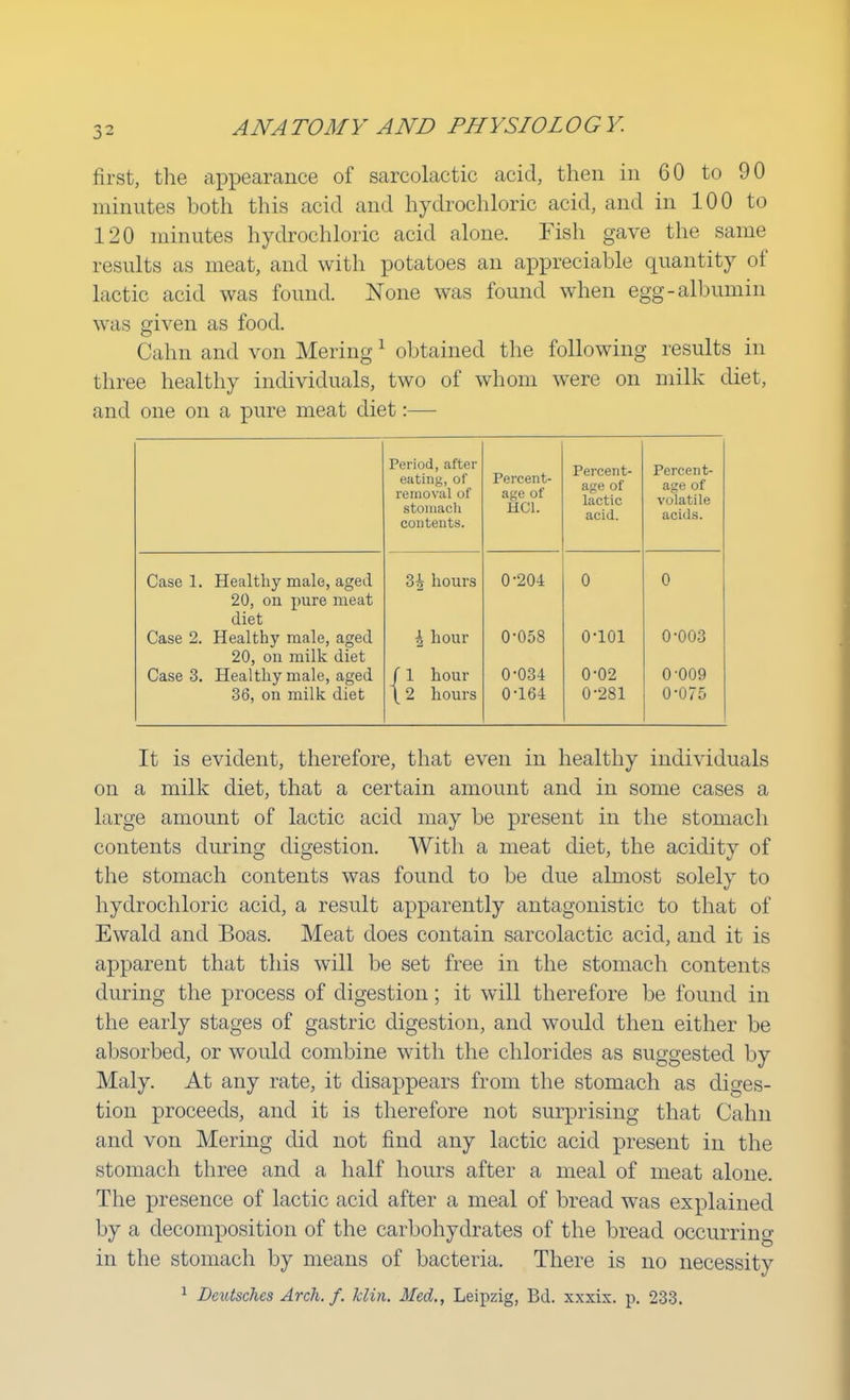 first, the appearance of sarcolactic acid, then in 60 to 90 minutes both this acid and hydrochloric acid, and in 100 to 120 minutes hydrochloric acid alone. Fish gave the same results as meat, and with potatoes an appreciable quantity of lactic acid was found. None was found when egg-albumin was given as food. Calm and von Mering1 obtained the following results in three healthy individuals, two of whom were on milk diet, and one on a pure meat diet:— Period, after eating, of removal of stomach contents. Percent- age of HC1. Percent- age of lactic acid. Percent- age of volatile acids. Case 1. Healthy male, aged 20, on pure meat diet Case 2. Healthy male, aged 20, on milk diet Case 3. Healthy male, aged 36, on milk diet 3^ hours \ hour ( 1 hour \2 hours 0-204 0-058 0-034 0-164 0 o-ioi 0-02 0-281 0 0-003 0-009 0-075 It is evident, therefore, that even in healthy individuals on a milk diet, that a certain amount and in some cases a large amount of lactic acid may be present in the stomach contents during digestion. With a meat diet, the acidity of the stomach contents was found to be due almost solely to hydrochloric acid, a result apparently antagonistic to that of Ewald and Boas. Meat does contain sarcolactic acid, and it is apparent that this will be set free in the stomach contents during the process of digestion; it will therefore be found in the early stages of gastric digestion, and would then either be absorbed, or would combine with the chlorides as suggested by Maly. At any rate, it disappears from the stomach as diges- tion proceeds, and it is therefore not surprising that Calm and von Mering did not find any lactic acid present in the stomach three and a half hours after a meal of meat alone. The presence of lactic acid after a meal of bread was explained by a decomposition of the carbohydrates of the bread occurring in the stomach by means of bacteria. There is no necessity 1 Dcutsches Arch. f. klin. Med., Leipzig, Bd. xxxix. p. 233.