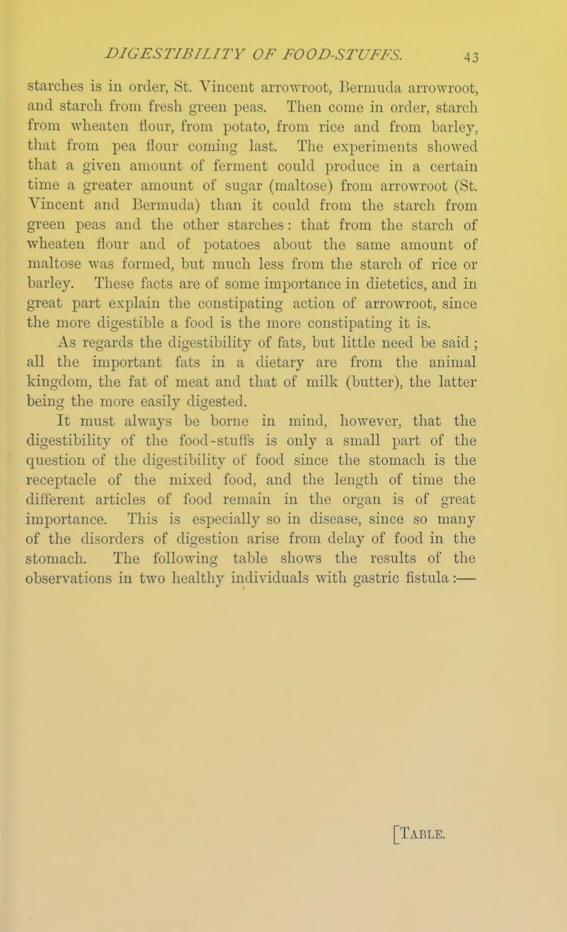 DIGESTIBILITY OF FOODSTUFFS. starches is in order, St. Vincent arrowroot, Bermuda arrowroot, and starch from fresh green peas. Then come in order, starch from wheaten flour, from potato, from rice and from barley, that from pea Hour coming last. The experiments showed that a given amount of ferment could produce in a certain time a greater amount of sugar (maltose) from arrowroot (St. Vincent and Bermuda) than it could from the starch from green peas and the other starches: that from the starch of wheaten flour and of potatoes about the same amount of maltose was formed, but much less from the starch of rice or barley. These facts are of some importance in dietetics, and in great part explain the constipating action of arrowroot, since the more digestible a food is the more constipating it is. As regards the digestibility of fats, but little need be said; all the important fats in a dietary are from the animal kingdom, the fat of meat and that of milk (butter), the latter being the more easily digested. It must always be borne in mind, however, that the digestibility of the food-stuffs is only a small part of the question of the digestibility of food since the stomach is the receptacle of the mixed food, and the length of time the different articles of food remain in the organ is of great importance. This is especially so in disease, since so many of the disorders of digestion arise from delay of food in the stomach. The following table shows the results of the observations in two healthy individuals with gastric fistula:— [Table.