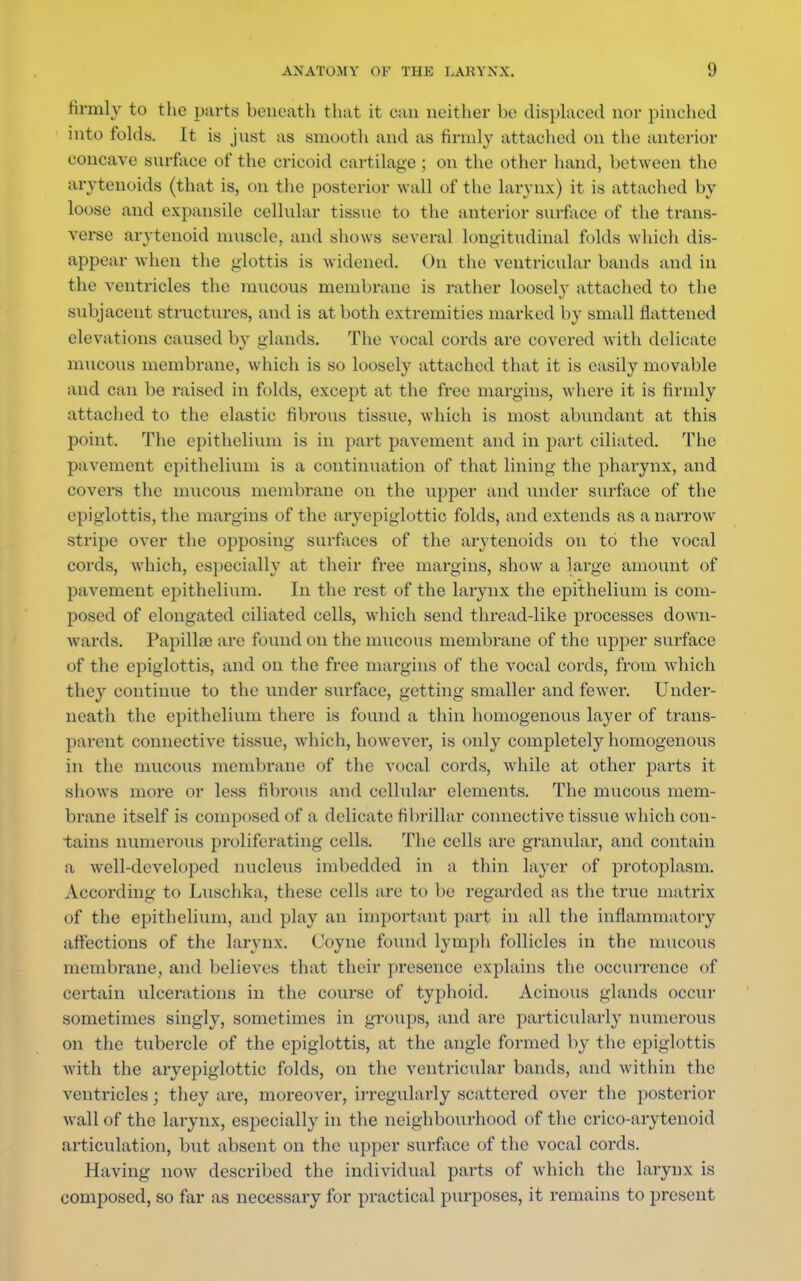 firmly to the parts beneath that it can neither be displaced nor pinched into folds. It is just as smooth and as firmly attached on the anterior concave surface of the cricoid cartilage ; on the other hand, between the arytenoids (that is, on the posterior wall of the larynx) it is attached by loose and expansile cellular tissue to the anterior surface of the trans- verse arytenoid muscle, and shows several longitudinal folds which dis- appear when the glottis is widened. On the ventricular bands and in the ventricles the mucous membrane is rather loosely attached to the subjacent structures, and is at both extremities marked by small flattened elevations caused by glands. The vocal cords are covered with delicate mucous membrane, which is so loosely attached that it is easily movable and can be raised in folds, except at the free margins, where it is firmly attached to the elastic fibrous tissue, which is most abundant at this point. The epithelium is in part pavement and in part ciliated. The pavement epithelium is a continuation of that lining the pharynx, and covers the mucous membrane on the upper and under surface of the epiglottis, the margins of the aryepiglottic folds, and extends as a narrow stripe over the opposing surfaces of the arytenoids on to the vocal cords, which, especially at their free margins, show a large amount of pavement epithelium. In the rest of the larynx the epithelium is com- posed of elongated ciliated cells, which send thread-like processes down- wards. Papillae are found on the mucous membrane of the upper surface of the epiglottis, and on the free margins of the vocal cords, from which they continue to the under surface, getting smaller and fewer. Under- neath the epithelium there is found a thin homogenous layer of trans- parent connective tissue, which, however, is only completely homogenous in the mucous membrane of the vocal cords, while at other parts it shows more or less fibrous and cellular elements. The mucous mem- brane itself is composed of a delicate fibrillar connective tissue which con- tains numerous proliferating cells. The cells are granular, and contain a well-developed nucleus imbedded in a thin layer of protoplasm. According to Luschka, these cells are to be regarded as the true matrix of the epithelium, and play an important part in all the inflammatory affections of the larynx. Coyne found lymph follicles in the mucous membrane, and believes that their presence explains the occurrence of certain ulcerations in the coiirse of typhoid. Acinous glands occur sometimes singly, sometimes in groups, and are particularly numerous on the tubercle of the epiglottis, at the angle formed by the epiglottis with the aryepiglottic folds, on the ventricular bands, and within the ventricles; they are, moreover, irregularly scattered over the posterior wall of the larynx, especially in the neighbourhood of the crico-arytenoid articulation, but absent on the upper surface of the vocal cords. Having now described the individual parts of which the larynx is composed, so far as necessary for practical purposes, it remains to present