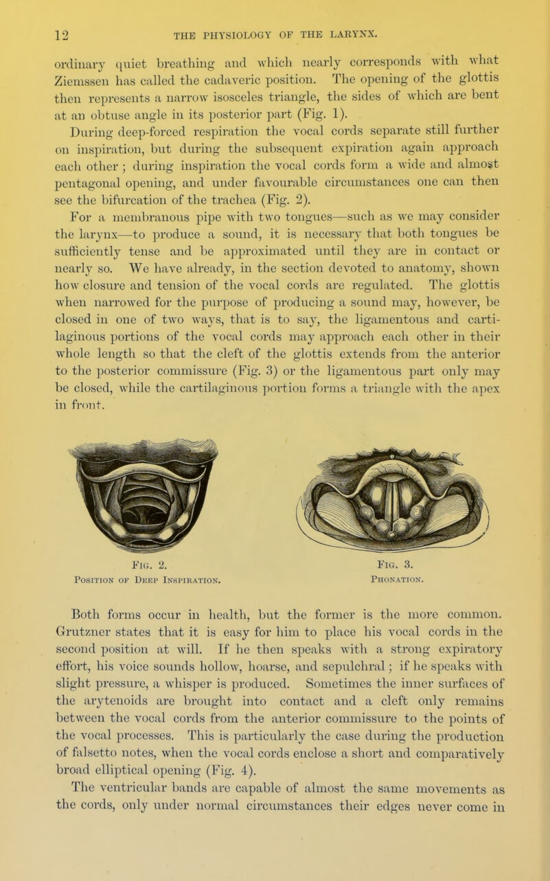 ordinary quiet breathing and which nearly corresponds with what Ziemssen has called the cadaveric position. The opening of the glottis then represents a narrow isosceles triangle, the sides of which are bent at an obtuse angle in its posterior part (Fig. 1). During deep-forced respiration the vocal cords separate still further on inspiration, but during the subsequent expiration again approach each other; during inspiration the vocal cords form a wide and almost pentagonal opening, and under favourable circumstances one can then see the bifurcation of the trachea (Fig. 2). For a membranous pipe with two tongues—such as we may consider the larynx—to produce a sound, it is necessary that both tongues be sufficiently tense and be approximated until they arc in contact or nearly so. We have already, in the section devoted to anatomy, shown how closure and tension of the vocal cords are regulated. The glottis when narrowed for the purpose of producing a sound may, however, be closed in one of two ways, that is to sa}', the ligamentous and carti- laginous portions of the vocal cords may approach each other in their wdiole length so that the cleft of the glottis extends from the anterior to the posterior commissure (Fig. 3) or the ligamentous part only may be closed, while the cartilaginous portion forms a triangle with the apex in front. Both forms occur in health, but the former is the more common. Grutzner states that it is easy for him to place his vocal cords in the second position at will. If he then speaks with a strong expiratory effort, his voice sounds hollow, hoarse, and sepulchral; if he speaks with slight pressure, a whisper is produced. Sometimes the inner surfaces of the arytenoids are brought into contact and a cleft only remains between the vocal cords from the anterior commissure to the points of the vocal processes. This is particularly the case during the production of falsetto notes, when the vocal cords enclose a short and comparatively broad elliptical opening (Fig. 4). The ventricular bands are capable of almost the same movements as the cords, only under normal circumstances their edges never come in