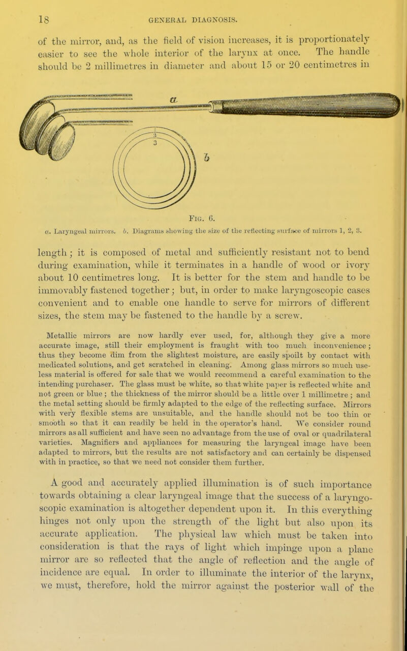 of the mirror, and, as the field of vision increases, it is proportionately easier to sec the whole interior of the larynx at once. The handle should be 2 millimetres in diameter and about 15 or 20 centimetres in Fig. G. «. Laryngeal mirrors. 6. Diagrams showing tlie size of the reflecting surface of mirrors 1, 2, 3. length; it is composed of metal and sufficiently resistant not to bend during; examination, while it terminates in a handle of wood or ivory about 10 centimetres long. It is better for the stem and handle to be immovably fastened together; but, in order to make laryngoscopic cases convenient and to enable one handle to serve for mirrors of different sizes, the stem may be fastened to the handle by a screw. Metallic mirrors are now hardly ever used, for, although they give a more accurate image, still their employment is fraught with too much inconvenience; thus they become dim from the slightest moisture, are easily spoilt by contact with medicated solutions, and get scratched in cleaning. Among glass mirrors so much use- less material is offered for sale that we would recommend a careful examination to the intending purchaser. The glass must be white, so that white paper is reflected white and not green or blue ; the thickness of the mirror should be a little over 1 millimetre ; and the metal setting should be firmly adapted to the edge of the reflecting surface. Mirrors with very flexible stems are unsuitable, and the handle should not be too thin or smooth so that it can readily be held in the operator's hand. We consider round mirrors as all sufficient and have seen no advantage from the use of oval or quadrilateral varieties. Magnifiers and appliances for measuring the laryngeal image have been adapted to mirrors, but the results are not satisfactory and can certainly be dispensed with in practice, so that we need not consider them further. A good and accurately applied illumination is of such importance towards obtaining a clear laryngeal image that the success of a laryngo- scopic examination is altogether dependent upon it. In this everything hinges not only upon the strength of the light but also upon its accurate application. The physical law which must be taken into consideration is that the rays of light which impinge upon a plane mirror are so reflected that the angle of reflection and the angle of incidence are equal. In order to illuminate the interior of the larynx we must, therefore, hold the mirror against the posterior wall of the