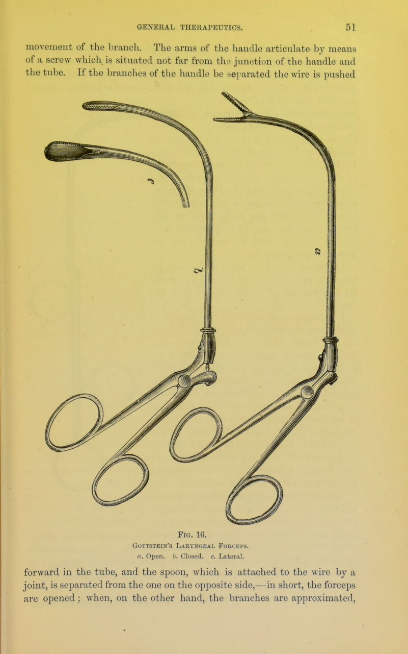 movement of the branch. The arms of the handle articulate by means of a screw which is situated not far from thj junction of the handle and the tube. If the brandies of the handle be separated the wire is pushed Fig. 16. Gottstein's Larynoeal Forceps. «. Open. //. Closed, c. Lateral. forward in the tube, and the spoon, which is attached to the wire by a joint, is separated from the one on the opposite side,—in short, the forceps are opened ; when, on the other hand, the branches are approximated,