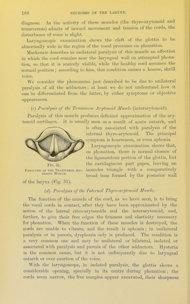 diagnose. As the activity of these muscles (the thyroarytenoid and transyersus) admits of inward movement and tension of the cords, the disturbance of voice is slight. Laryngoscopy examination shows the cleft of the glottis to be abnormally wide in the region of the vocal processes on phonation. Mackenzie describes as unilateral paralysis of this muscle an affection in which the cord remains near the laryngeal wall on attempted phona- tion, so that it is scarcely visible, while the healthy cord assumes the normal position; according to him, this condition causes a hoarse, shrill voice. We consider the phenomena just described to be due to unilateral paralysis of all the adductors ; at least we do not understand how it can be differentiated from the latter, by either symptoms or objective appearances. (c) Paralysis of the Transverse Arytenoid Muscle (interarytenoid). Paralysis of this muscle produces deficient approximation of the ary- tenoid cartilages. It is usually seen as a result of acute catarrh, and is often associated with paralysis of the internal thyro-arytenoid. The principal symptom is hoarseness, or even aphonia. Laryngoscopy examination shows that, on phonation, there is normal closure of the ligamentous portion of the glottis, but the cartilaginous part gapes, leaving an Paralysis of the Transverse Arv- isosceles triangle with a comparatively tenoid uscle. broad base formed by the posterior wall of the larynx (Fig. 31). (d) Paralysis of the Internal Thyro arytenoid Muscle. The function of the muscle of the cord, as we have seen, is to bring the vocal cords in contact, after they have been approximated by the action of the lateral crico-arytenoids and the interarytenoid, and, further, to give their free edges the firmness and elasticity necessary for phonation. When the function of these muscles is destroyed, the cords are unable to vibrate, and the result is aphonia ; in unilateral paralysis or in paresis, dysphonia only is produced. The condition is a very common one and may be unilateral or bilateral, isolated or associated with paralysis and paresis of the other adductors. Hysteria is the common cause, but it is not unfrcquently due to laryngeal catarrh or over exertion of the voice. With the laryngoscope, in isolated paralysis, the glottis shows a considerable opening, specially in its centre during phonation; the cords seem narrow, the free margins appear excavated, their sharpness