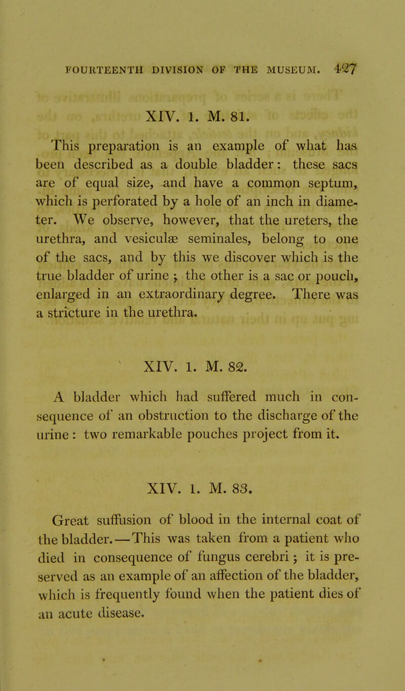 XIV. 1. M. 81. This preparation is an example of what has been described as a double bladder: these sacs are of equal size, and have a common septum, which is perforated by a hole of an inch in diame- ter. We observe, however, that the ureters, the urethra, and vesiculae seminales, belong to one of the sacs, and by this we discover which is the true bladder of urine -f the other is a sac or pouch, enlarged in an extraordinary degree. There was a stricture in the urethra. ( XIV. 1. M. 82. A bladder which had suffered much in con- sequence of an obstruction to the discharge of the urine : two remarkable pouches project from it. XIV. I. M. 83. Great suffusion of blood in the internal coat of the bladder.—This was taken from a patient who died in consequence of fungus cerebri; it is pre- served as an example of an affection of the bladder, which is frequently found when the patient dies of an acute disease.