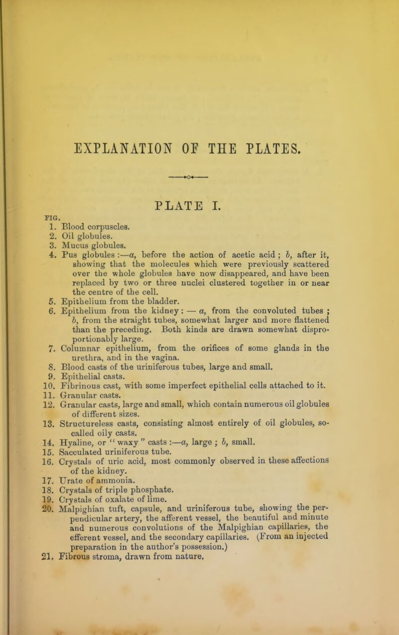 EXPLANATION OP THE PLATES o PLATE I. FIG. 1. Blood corpuscles. 2. Oil globules. 3. Mucus globules. 4. Pus globules :—a, before the action of acetic acid ; 6, after it, showing that the molecules which were previously scattered over the whole globules have now disappeared, and have been replaced by two or three nuclei clustered together in or near the centre of the cell. 5. Epithelium from the bladder. 6. Epithelium from the kidney: — a, from the convoluted tubes ; h, from the straight tubes, somewhat larger and more flattened than the preceding. Both kinds are drawn somewhat dispro- portionably large. 7. Columnar epithelium, from the orifices of some glands in the urethra, and in the vagina. 8. Blood casts of the uriniferous tubes, large and small. 9. Epithelial casts. 10. Fibrinous cast, with some imperfect epithelial cells attached to it. 11. Granular casts. 12. Granular casts, large and small, which contain numerous oil globules of different sizes. 13. Structureless casts, consisting almost entirely of oil globules, so- called oily casts. 14. Hyaline, or “ waxy ” casts :—a, large ; 6, small. 15. Sacculated uriniferous tube. 16. Crystals of uric acid, most commonly observed in these affections of the kidney. 17. IJrate of ammonia. 18. Crystals of triple phosphate. 19. Crystals of oxalate of lime. 20. Malpighian tuft, capsule, and uriniferous tube, showing the per- pendicular artery, the afferent vessel, the be.autiful and minute and numerous convolutions of the Malpighian capillaries, the efferent vessel, and the secondary capillaries. (From an injected preparation in the author’s possession.) 21. Fibrous stroma, drawn from nature.