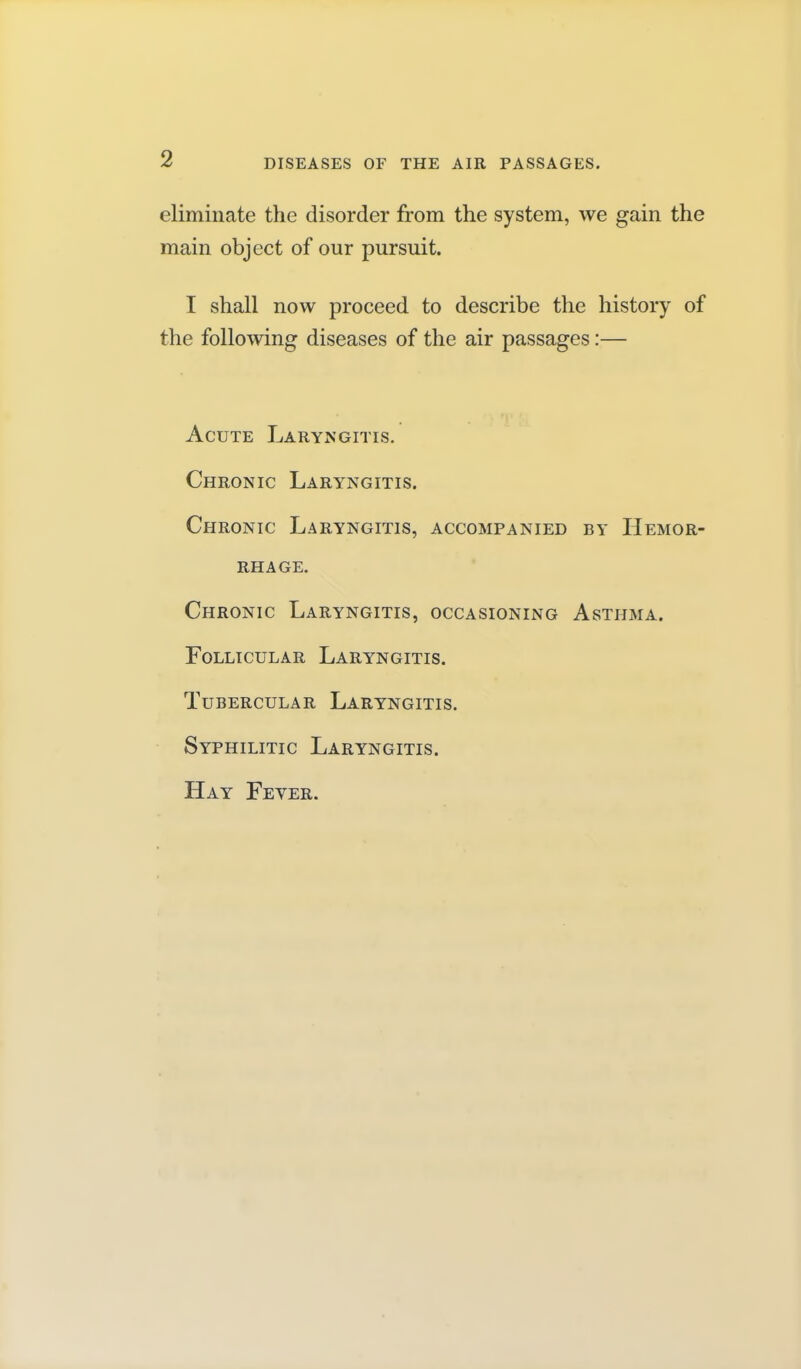 eliminate the disorder from the system, we gain the main object of our pursuit. I shall now proceed to describe the history of the following diseases of the air passages:— Acute Laryngitis. Chronic Laryngitis. Chronic Laryngitis, accompanied by Hemor- rhage. Chronic Laryngitis, occasioning Asthma. Follicular Laryngitis. Tubercular Laryngitis. Syphilitic Laryngitis. Hay Fever.