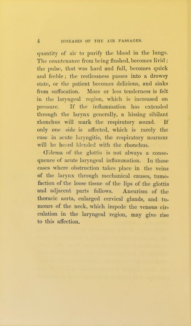 quantity of air to purify the blood in the lungs. The countenance from being flushed, becomes livid ; the pulse, that was hard and full, becomes quick and feeble; the restlessness passes into a drowsy state, or the patient becomes delirious, and sinks from suffocation. More or less tenderness is felt in the laryngeal region, which is increased on pressure. If the inflammation has extended tlirough the larynx generally, a hissing sibilant rlionchus will mark the respiratory sound. If only one side is afi'ected, which is rarely the case in acute laryngitis, the respiratory murmur will be heard blended with the rhonchus. CTldema of the glottis is not always a conse- quence of acute laryngeal inflammation. In those cases where obstruction takes place in the veins of the larynx through mechanical causes, tume- faction of the loose tissue of the lips of the glottis and adjacent parts follows. Aneurism of the thoracic aorta, enlarged cervical glands, and tu- mours of the neck, which impede the venous cir- culation ill the laryngeal region, may give rise to this afiection.