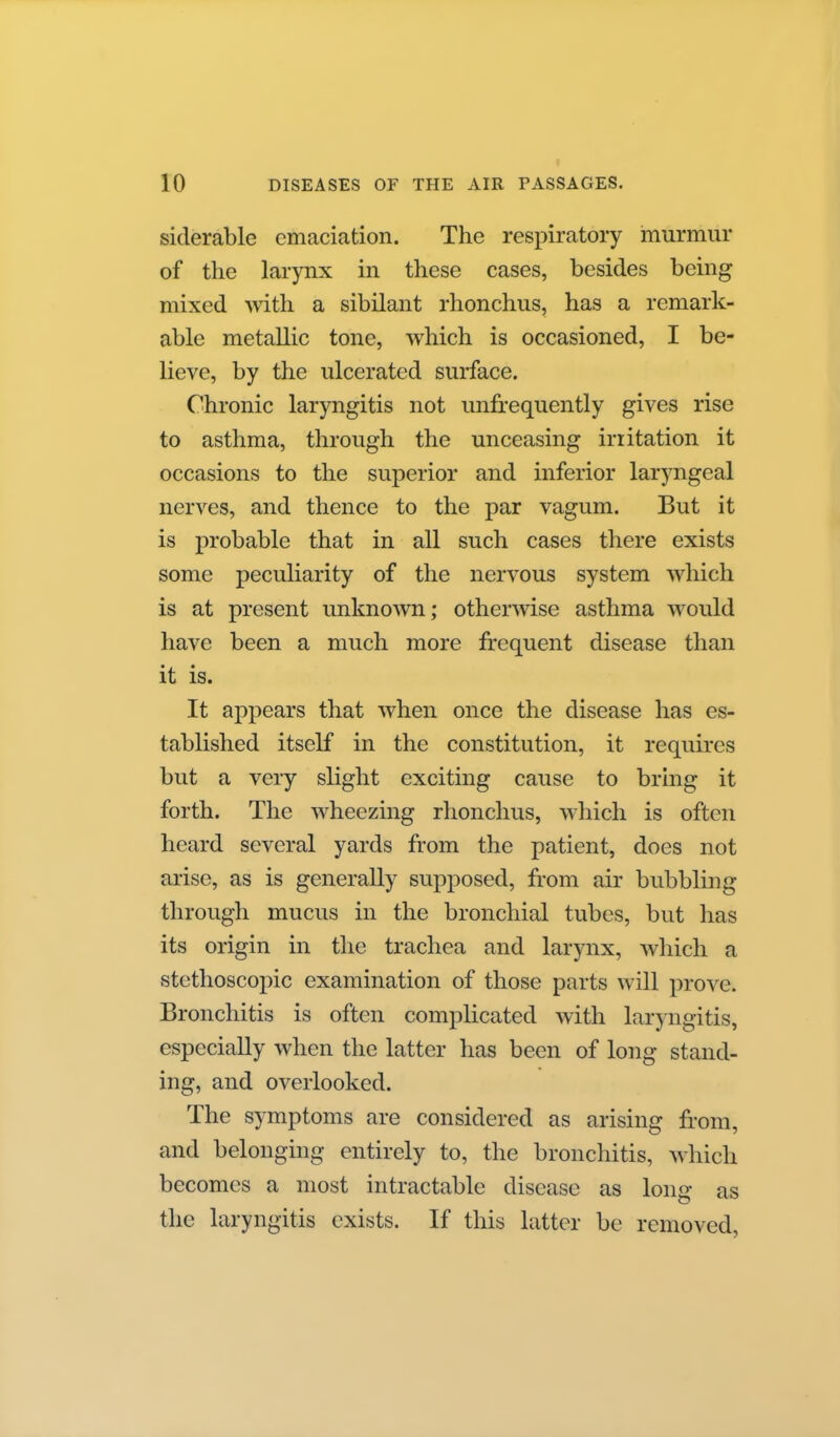siclerable emaciation. The respiratory murmur of the larynx in these cases, besides being mixed with a sibilant rhonchus, has a remark- able metallic tone, which is occasioned, I be- lieve, by the ulcerated surface. Chronic laryngitis not unfi-equently gives rise to asthma, through the unceasing irritation it occasions to the superior and inferior laryngeal nerves, and thence to the par vagum. But it is probable that in all such cases there exists some peculiarity of the nervous system which is at present unknown; otherwise asthma would have been a much more frequent disease than it is. It appears that when once the disease has es- tablished itself in the constitution, it requires but a very slight exciting cause to bring it forth. The wheezing rhonchus, which is often heard several yards from the patient, does not arise, as is generally supposed, from air bubbling through mucus in the bronchial tubes, but has its origin in the trachea and larynx, which a stethoscopic examination of those parts will prove. Bronchitis is often complicated with laryngitis, especially when the latter has been of long stand- ing, and overlooked. The symptoms are considered as arising from, and belonging entirely to, the bronchitis, which becomes a most intractable disease as long as the laryngitis exists. If this latter be removed.