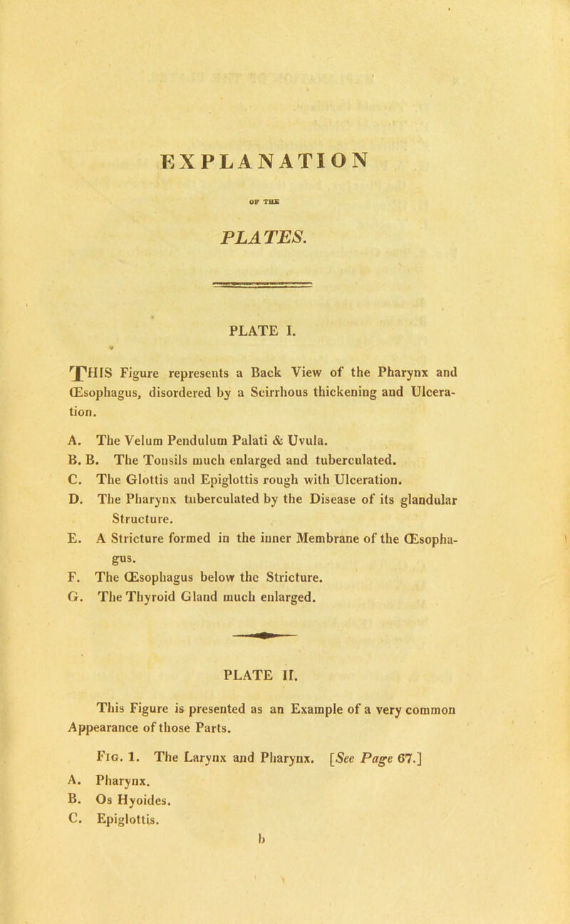 EXPLANATION OF THE PLATES. PLATE I. ¥ 'J'HIS Figure represents a Back View of the Pharynx and (Esophagus, disordered by a Scirrhous thickening and Ulcera- tion. A. The Velum Pendulum Palati & Uvula. B. B. The Tonsils much enlarged and tuberculated. C. The Glottis and Epiglottis rough with Ulceration. D. The Pharynx tuberculated by the Disease of its glandular Structure. E. A Stricture formed in the inner Membrane of the (Esopha- gus. F. The (Esophagus below the Stricture. G. The Thyroid Gland much enlarged. PLATE ir. This Figure is presented as an Example of a very common Appearance of those Parts. Fig. 1. The Larynx and Pharynx. [Sec Page 67.] A. Pharynx. B. Os Hyoides. C. Epiglottis. b