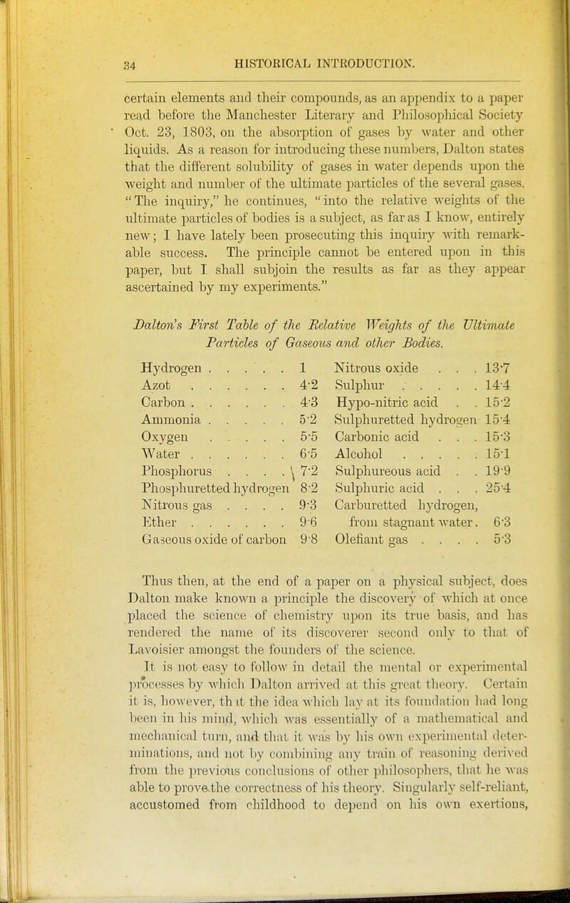 certain elements and their compounds, as an appendix to a paper read before the Manchester Literary and Philosophical Society Oct. 23, 1803, on the absorption of gases by water and other liquids. As a reason for introducing these numbers, Dalton states that the different solubility of gases in water depends upon the weight and number of the ultimate particles of the several gases.  The inquiry, he continues,  into the relative weights of the ultimate particles of bodies is a subject, as far as I know, entirely new; I have lately been prosecuting this inquiry Avith remark- able success. The principle cannot be entered upon in this paper, but I shall subjoin the results as far as they appear ascertained by my experiments. Dalton's First Table of the Relative Weights of the Ultimate Particles of Gaseous and other Bodies. Hydrogen . . . . . 1 Nitrous oxide . . . 13*7 Azot 4-2 Sulphur 144 Carbon 43 Hypo-nitric acid . . 15'2 Ammonia 5'2 Sulphuretted hydrogen 154 Oxygen 5'5 Carbonic acid . . . 153 Water 6-5 Alcohol lo'l Phosphorus . . . . ^ 7'2 Sulphureous acid . . 19'9 Phosphuretted hydrogen 82 Sulphuric acid . . . 254 Nitrous gas .... .93 Carburetted hydrogen, Ether 9 6 from stagnant water. 6'3 Gaseous oxide of carbon 9'8 Olefiant gas . . . . o'3 Thus then, at the end of a paper on a physical subject, does Dalton make known a princij)le the discovery of which at once placed the science of chemistry upon its true basis, and has rendered the name of its discoverer second only to that of Lavoisier amongst tlie founders of the science. It is not easy to follow in detail the mental or experimental jirocesses by which Dalton arrived at this great theory. Cert-ain it is, however, th it the idea which lay at its foundation had long been in his mind, M'hich was essentially of a mathematical and mechanical turn, and that it was by his own experimental deter- minations, and not by combining any train of rea.soning derived from the previoiis conclusions of other philosophers, that he was able to prove.the correctness of his theory. Singidarly self-reliant, accustomed from childhood to depend on his own exertions,