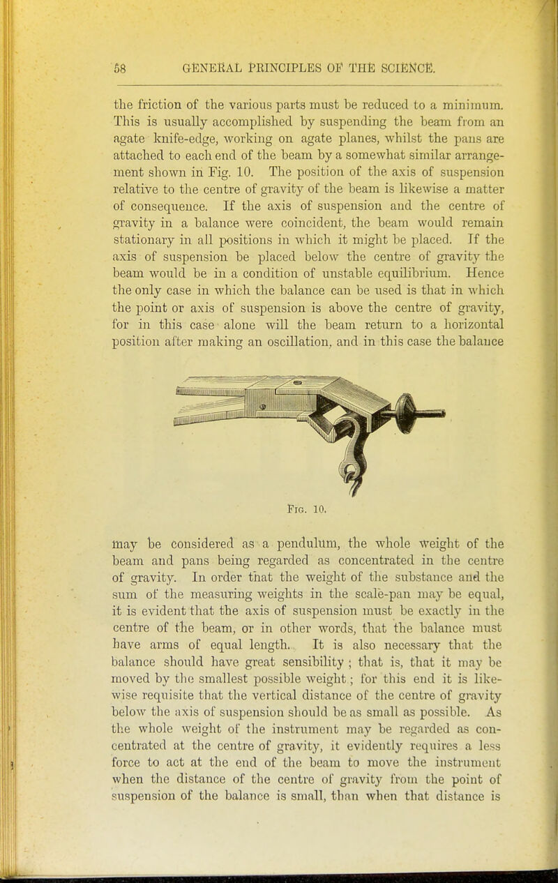 the friction of the various parts must be reduced to a minimum. This is usually accomplished by suspending the beam fiom an agate knife-edge, working on agate planes, whilst the pans are attached to each end of the beam by a somewhat similar arrange- ment shown in Fig. 10. The position of the axis of suspension relative to the centre of gravity of the beam is likewise a matter of consequence. If the axis of suspension and the centre of gravity in a balance were coincident, the beam would remain stationary in all positions in which it might be placed. If the axis of suspension be placed below the centre of gravity the beam would be in a condition of unstable equilibrium. Hence the only case in which the balance can be i;sed is that in which the point or axis of suspension is above the centre of gravity, for in this case alone will the beam return to a horizontal position after making an oscillation, and in this case the balance Fig. 10. may be considered as a pendulum, the whole weight of the beam and pans being regarded as concentrated in the centre of gravity. In order that the weight of the substance and the sum of the measiiring weights in the scale-pan may be equal, it is evident that the axis of suspension must be exactly in the centre of the beam, or in other words, that the balance must have arms of equal length. It is also necessary that the balance should have great sensibility ; that is, that it may be moved by the smallest possible weight; for this end it is like- wise requisite that the vertical distance of the centre of gravity below the axis of suspension should be as small as possible. As the whole weight of the instrument may be regarded as con- centrated at the centre of gravity, it evidently requires a less force to act at the end of the beam to move the instrument when the distance of the centre of gravity from the point of suspension of the balance is small, than when that distance is