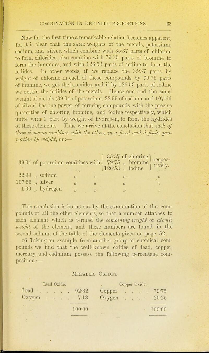 Kow for the first time a remarkable relation becomes apparent, for it is clear that the same weights of the metals, potassium, sodium, and silver, which combine with 35-37 parts of chlorine to form chlorides, also combine with 79-75 parts of bromine to. form the bromides, and with 126-53 parts of iodine to form the iodides. In other words, if we replace the 35-37 parts by weight of chlorine in each of these compounds by 79 75 parts of bromine, we get the bromides, and if by 126-53 parts of iodine we obtain the iodides of the metals. Hence one and the same weight of metals (39-04 of potassium, 22-99 of sodium, and 107-66 of silver) has tlie power of forming compounds with the precise quantities of chlorine, bromine, and iodine respectively, which unite with' 1 part by weight of hydrogen, to form the hydrides of these elements. Thus we arrive at the conclusion that each of these elements comhines with the others in a fixed and definite ^yiv- portion ly weight, or;— [ 35-37 of chlorine ] ^.^^ ^^^^ 39-04 of potassium combines with 79-75 „ bromine ^ ®^P^^ [126-53 „ iodine J 22-99 „ sodium „ „ „ „ 107-66 „ silver „ „ 1-00 „ hydrogen » This conclusion is borne out by the examination of the com- pounds of all the other elements, so that a number attaches to each element which is termed the combining weight or atomic vjeight of the element, and these numbers are found in the second column of the table of the elements given on page 52. 16 Taking an example from another group of chemical com- pounds we find that tlie well-known oxides of lead, copper, mercury, and cadmium possess the following percentage com- position :— Metallic Oxides. Lead Oxide. . Copjier O.xide. Lead 92-82 Copper . . . . 79-75 Oxygen .... 7-18 Oxygen .... 20-25 100-00 100-00