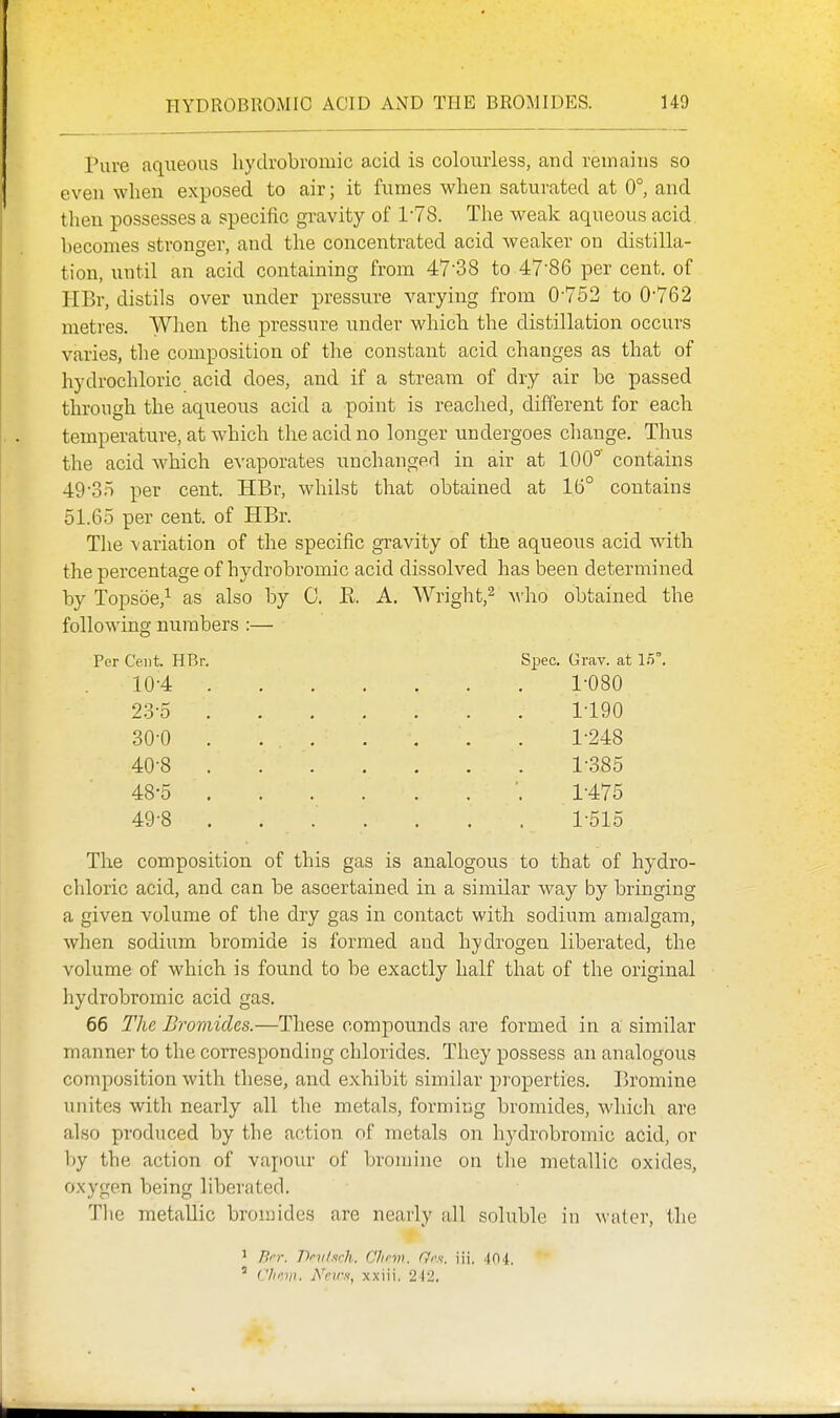 Pure aqueous hydrobromic acid is colourless, and remains so even when exposed to air; it fumes when saturated at 0°, and then possesses a specific gravity of 1-78. The weak aqueous acid becomes stronger, and the concentrated acid weaker on distilla- tion, until an acid containing from 47-38 to 47'86 per cent, of HBr, distils over under pressure varying from 0-752 to 0-762 metres. When the pressure under which the distillation occurs varies, tlie composition of the constant acid changes as that of hydrochloric acid does, and if a stream of dry air be passed through the aqueous acid a point is reached, different for each temperature, at w^hich the acid no longer undergoes change. Thus the acid which evaporates unchanged in air at 100°' contains 49-35 per cent. HBr, whilst that obtained at 16° contains 51.65 per cent, of HBr. The \ariation of the specific gravity of the aqueous acid with the percentage of hydrobromic acid dissolved has been determined by Topsoe,^ as also by C. R. A. Wright,^ who obtained the following numbers :— rcr Cent. HBr. 10-4 23-5 30-0 40-8 48- 5 49- 8 Spec. Grav. at 1.5° 1-080 1-190 1-248 1-385 1-475 1-515 The composition of this gas is analogous to that of hydro- cliloric acid, and can be ascertained in a similar way by bringing a given volume of the dry gas in contact with sodium amaigam, when sodium bromide is formed and hydrogen liberated, the volume of which is found to be exactly half that of the original liydrobromic acid gas. 66 The Bromides.—These compounds are formed in a similar manner to the corresponding chlorides. They possess an analogous composition with these, and exhibit similar properties. Bromine unites with nearly all the metals, forming bromides, which are also produced by the action of metals on hydrobromic acid, or by the action of vapour of bromine on the metallic oxides, oxygen being liberated. The metallic bromides are nearly all soluble in water, the ' P,n\ nni/.irh. Chfvr. Ors. iii. 404. ' ('111'.})!. Nnrs, xxiii. 212.