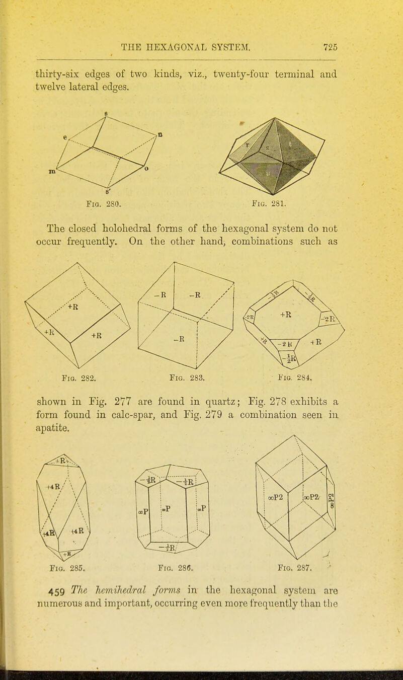 thirty-six edges of two kinds, viz., twenty-four terminal and twelve lateral edges. a Fig. 280. Fig. 281. The closed holohedral forms of the hexagonal system do not occur frequently. On the other hand, combinations such as Fig. 282. Fig. 283. Fig. 284. shown in Fig. 277 are found in quartz; Fig. 278 exhibits a form found in calc-spar, and Fig. 279 a combination seen in apatite. Fig. 285. Fro. 28«. Fio. 287. 459 The hemihedral forms in the hexagonal system are numerous and important, occurring even more frequently than tlie