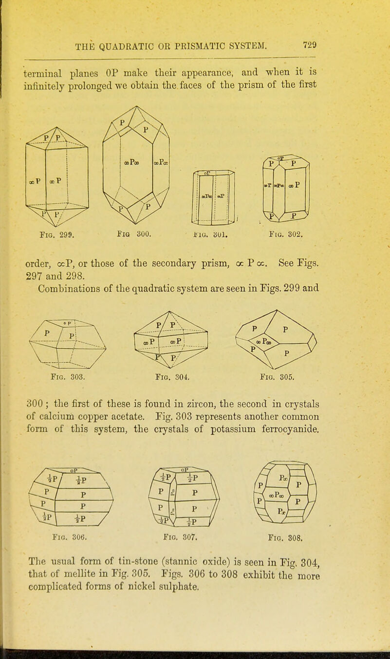 THE QUADRATIC OR PRISMATIC SYSTEM. terminal planes OP make their appearance, and when it is infinitely prolonged we obtain the. faces of the prism of the first 01- PX^P_ Fig 300, Dig. 301. Fig. 302, order, ocP, or those of the secondary prism, cc P oc. See Figs. 297 and 298. Combinations of the quadratic system are seen in Figs. 299 and \ \ \ \ i Fig. 303. 300 ; the first of these is found in zircon, the second in crystals of calcium copper acetate. Fig. 303 represents another common form of this system, the crystals of potassium ferrocyanide. Fig. 306. Fig. 307. Fig. 308. The usual form of tin-stone (stannic oxide) is seen in Tig. 304, that of mellite in Fig. 305. Figs. 306 to 308 exhibit the more complicated forms of nickel sulphate.