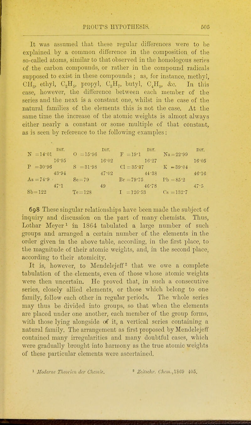 PEOUT'S HYPOTHESIS. 605 It was assumed that tlieso regular differences were to be explained by a common difl'erence in the composition of the so-called atoms, similar to that observed in the homologous series of the carbon compounds, or rather in the compound radicals supposed to exist in these compounds ; as, for instance, methyl, CHg, ethyl, C.^Hg, propyl, C3H7, butyl, C^H^, &c. In this case, however, the difference between each member of the series and the next is a constant one, whilst in the case of the natural families of the elements this is not the case. At the same time the increase of the atomic weights is almost always either nearly a constant or some multiple of that constant, as is seen by reference to the following examples: DifT. Diff. Difr. Difr. N = 14-01 0 = 15-96 F = 19-1 Na = 22-99 16-95 16-02 16-27 16-05 P = 30-96 S = 31-98 CI = 35-37 K = 39-04 43-94 47-02 44-38 46-16 As = 74-9 Se = 79 Bv = 79-75 Pb = 85-2 47-1 49 46-78 47-5 Sb = 122 Te = 128 I = 120-53 Cs = 132-7 698 These singular relationships have been made the subject of inquiry and discussion on the part of many chemists. Thus, Lothar Meyer ^ in 1864 tabulated a large number of such groups and arranged a certain number of the elements in the order given in the above table, according, in the first place, to the magnitude of their atomic weights, and, in the second place, according to their atomicity. It is, however, to Mendelejeff^ that we owe a complete tabulation of the elements, even of those whose atomic weights were then uncertain. He proved that, in such a consecutive series, closely allied elements, or those which belong to one family, follow each other in regular periods. The whole series may thus be divided into groups, so that when the elements are placed under one another, each member of the group forms, with those lying alongside o»f it, a vertical series containing a natural family. The arrangement as first proposed by Mendelejeff' contained many irregularities and many doubtful cases, which were gradually brought into harmony as the true atomic weights of these particular elements were ascertained. Moderne Theorkn dcr Chcmic.  ZeUsclir. C7«.'Wi.,lS09 405,