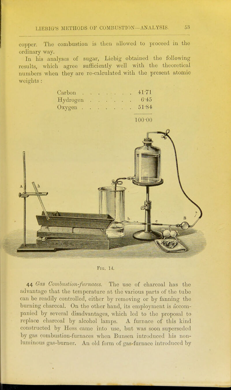 copper. The combustion is then allowed to proceed in the ordinary way. In his analyses of sugar, Liebig obtained the following results, which agree sufficiently well with the theoretical numbers when they are re-calculated witli the present atomic weights : Carbon 4171 Hydrogen 6'45 Oxygen ....... 51'84 100-00 Fig. 14. 44 Gas Comhihstiun-furnaces. The use of charcoal has the advantage that the temperature at the various parts of the tube can be readily controlled, either by removing or by fanning the burning charcoal. On the other hand, its employment is accom- panied by several disadvantages, which led to the proposal to replace charcoal by alcohol lamps. A furnace of this kind constructed by Hess came into use, but was soon superseded by gas combustion-furnaces when Bunsen introduced his non- luminous gas-burner. An old form of gas-furnace introduced by I