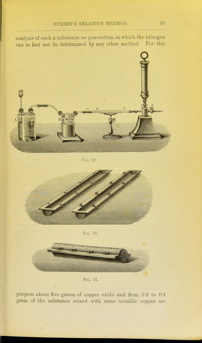 BUNSEN'S RELATIVE MliJTHOD. G9 analysis of such a substance as gun-cotton, in which the nitrogen can in fact not be determined by any other method. For this Fig. 31. purpose about five grams of copper oxide and from 0'3 to 0 4 gram of the substance mixed with some metallic copper aro