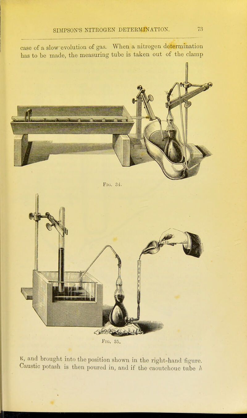 case of a slow evolution of gas. When a nitrogen determination has to be made, the measuring tube is taken out of the clamp Fig. 3r,. K, and brought into the position shown in the right-hand figure. Caustic potash is then poured in, and if the caoutchouc tube //