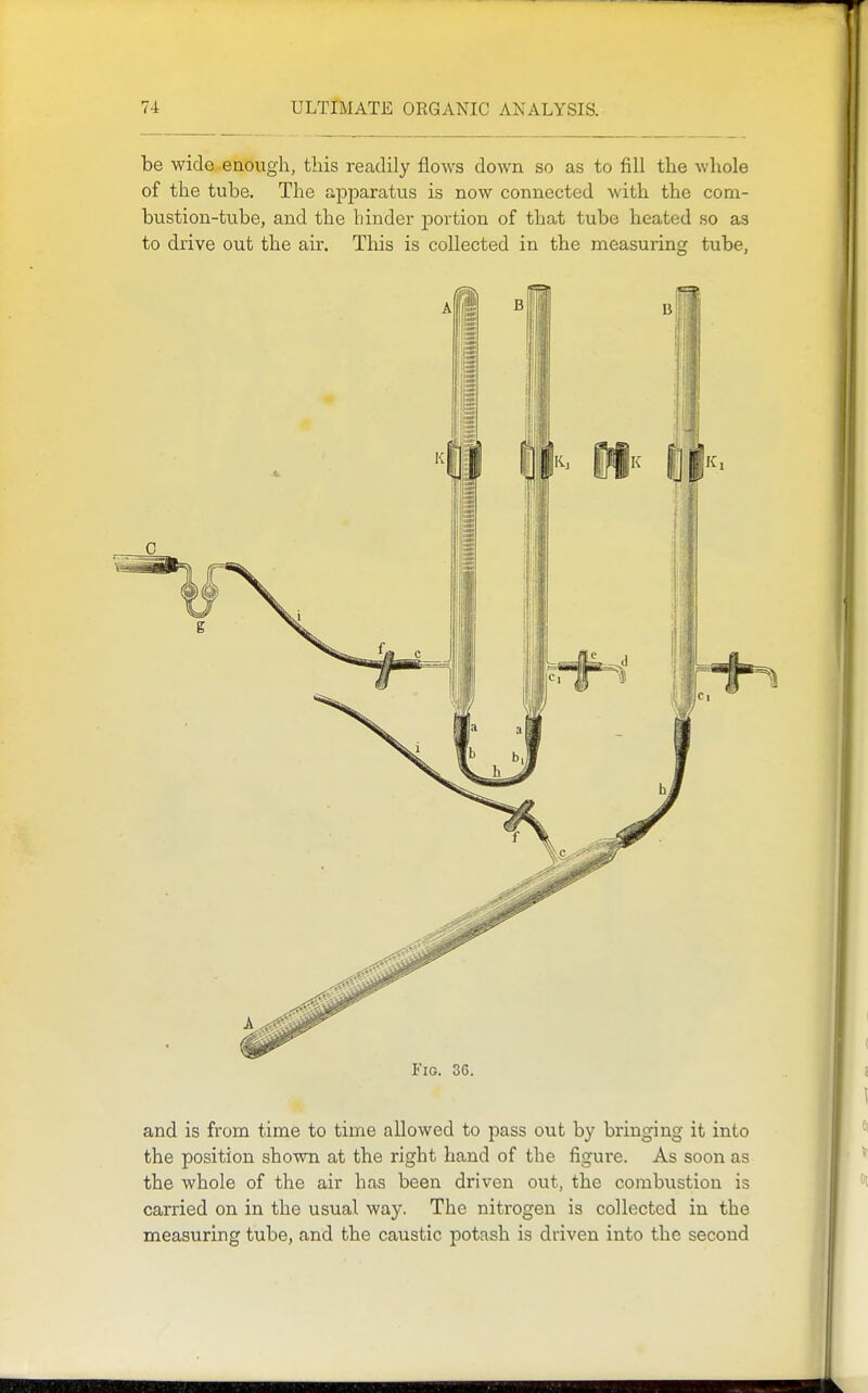 be wide enough, this readily flows down so as to fill the whole of the tube. The apparatus is now connected with the com- bustion-tube, and the hinder portion of that tube heated so as to drive out the air. This is collected in the measuring tube, Fig. 36. and is from time to time allowed to pass out b}'^ bringing it into the position shown at the right hand of the figure. As soon as the whole of the air has been driven out, the combustion is carried on in the usual way. The niti'ogen is collected in the measuring tube, and the caustic potash is driven into the second