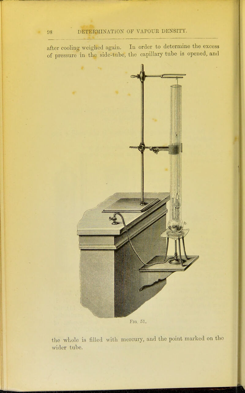 after cooling weighed again. In order to determine the excess of pressure in the side-tube, the capillary tube is opened, and Fio. r,]. the wl.ole is filled with mercury, and the point marked on the wider tube.
