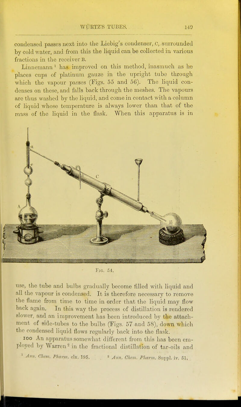 coudensed passes next into tlie Liebig's condenser, c, surrounded by cold water, and from this the liquid can be collected in various fractions in the receiver B. Linncmann' has improved on this method, inasmuch as he places cups of platinuna gauze in the upright tube through which the vapour passes (Figs. 55 and 56). The liquid con- denses on these, and falls back through the meshes. The vapours are thus washed by the liquid, and come in contact with a column of liquid whose temperature is always lower than that of the mass of the liquid in the flask. When this apparatus is in use, the tube and bulbs gradually become filled with liquid and all the vapour is condensed. It is therefore necessary to remove the flame from time to time in order that the liquid may flow back again. In this way the process of distillation is rendered slower, and an improvement has been introduced by the attach- ment of side-tubes to the bulbs (Figs. 57 and 58), down whicli the condensed liquid flows regularly back into the flask. 100 An apparatus somewhat different from this has been em- ployed by Warren 2 in the fractional distention of tar-oils and ' yinv. Chew. Phann. clx. 195. ytnn. Chrm. Pharm. Suiipl. iv. 61.