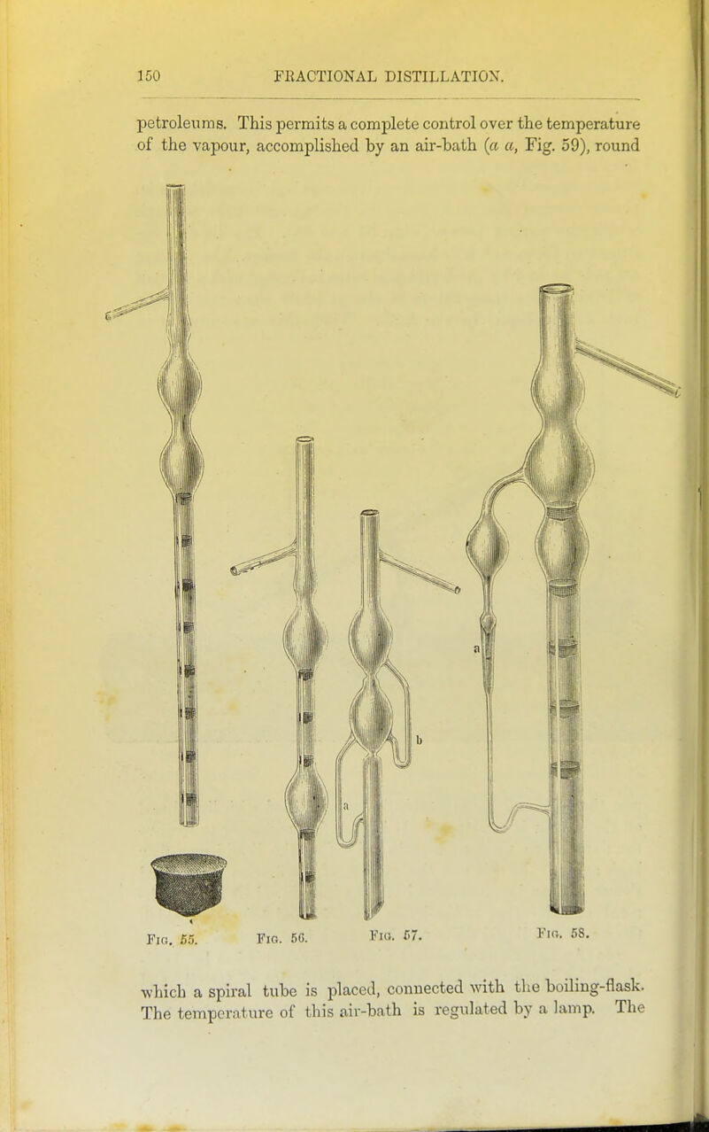 petroleums. This permits a complete control over the temperature of the vapour, accomplished by an air-bath {a a, Fig. 59), round Fig. 5.5. Fig. 5C. Fig. 57. which a spiral tube is placed, connected with the boiling-flask. The temperature of this aiv-bath is regulated by a lamp The