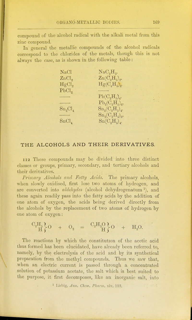 compound of the alcohol radical with the alkali metal from this zinc compound. In general the metallic compounds of the alcohol radicals correspond to the chlorides of the metals, though this is not always the case, as is shown in the following table: NaCl NaC^Hg. ZnCl, ZnCdH^),. HgCi; Hg(C,H,),. PbClg • Pb(C,H,),. , Pb,(C,H3),. Sn,Cl, Sn,(C,H,),. Sn2(C2H5)g. SnCl, SnCC^H^),. THE ALCOHOLS AND THEIR DERIVATIVES. 112 These compounds may be divided into three distinct classes or groups, primary, secondary, and tertiary alcohols and their derivatives, Friniary Alcohols and FoMy Adds. The primary alcohols, when slowly oxidised, first lose two atoms of hydrogen, and are converted into aldehydes (alcohol dehydrogenatum and these again readily pass into the fatty acids by the addition of one atom of oxygen, the acids being derived directly from the alcohols by the replacement of two atoms of hydrogen by one atom of oxygen: The reactions by which the constitution of the acetic acid thus formed has been elucidated, have already been referred to, namely, by the electrolysis of the acid and by its synthetical preparation from the methyl compounds. Thus we saw that, when an electric current is passed through a concentrated solution of potassium acetate, the salt which is best suited to the purpose, it first decomposes, like an inorganic salt, into ' Liel)ig, Ann. Chcm. Pharm. xiv. 153.