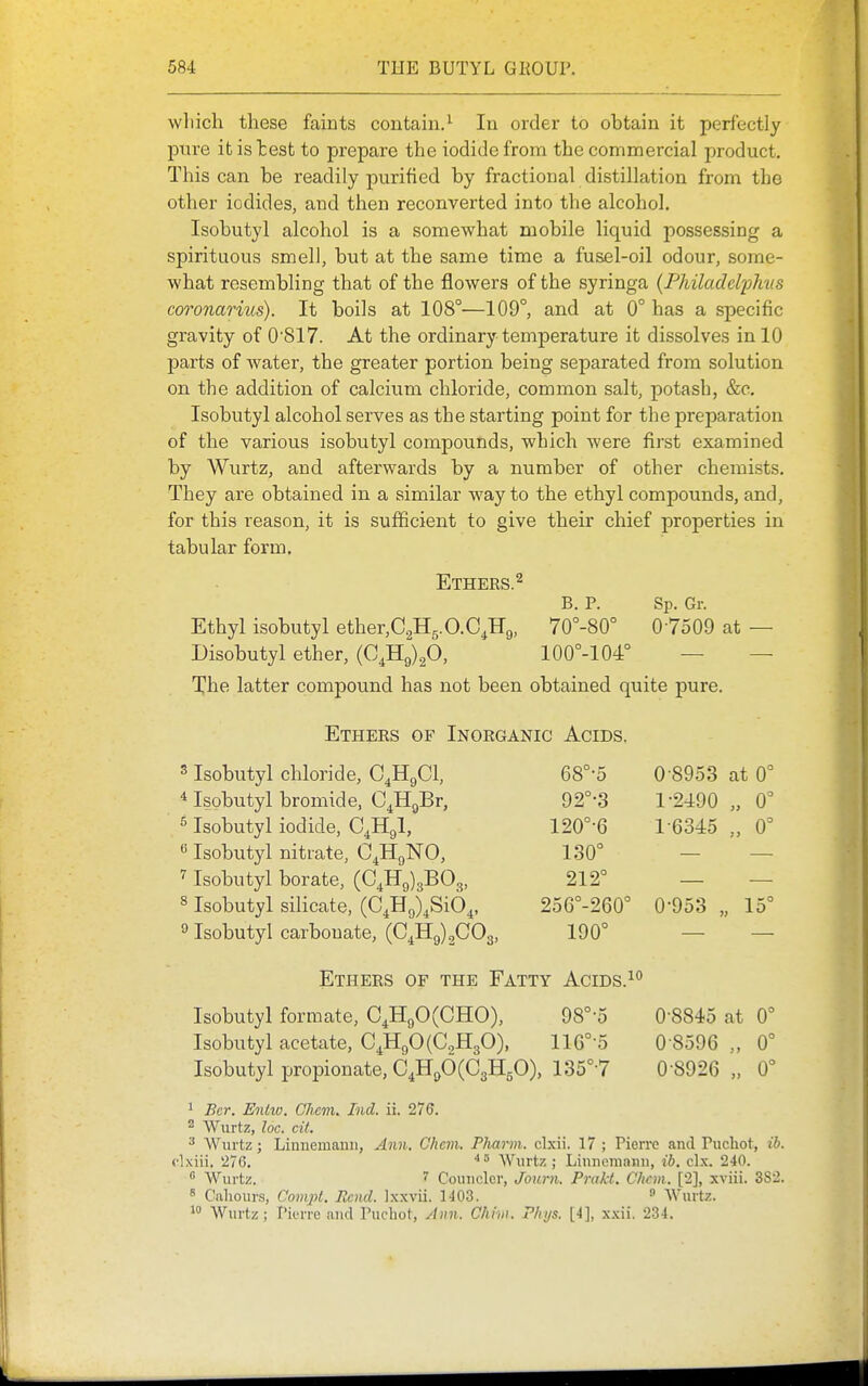 which these faints contain.In order to obtain it perfectly pure it is test to prepare the iodide from the commercial product. This can be readily purified by fractional distillation from the other iodides, and then reconverted into the alcohol. Isobutyl alcohol is a somewhat mobile liquid possessing a spirituous smell, but at the same time a fusel-oil odour, some- what resembling that of the flowers of the syringa {Philadelijlms coronarius). It boils at 108°—109°, and at 0° has a specific gravity of 0817. At the ordinary temperature it dissolves in 10 parts of water, the greater portion being separated from solution on the addition of calcium chloride, common salt, potash, &c. Isobutyl alcohol serves as the starting point for the preparation of the various isobutyl compounds, which were first examined by Wurtz, and afterwards by a number of other chemists. They are obtained in a similar way to the ethyl compounds, and, for this reason, it is sufficient to give their chief properties in tabular form. Ethers.^ B. P. Sp. Gr. Ethyl isobutyl ether,C2H5.0.C^F9, 70°-80° 07509 at — Disobutyl ether, {0;R^)^0, 100°-104° — — The latter compound has not been obtained quite pure. Ethers of Inorganic Acids. 3 Isobutyl chloride, C^HgCl, * Isobutyl bromide, C^HgBr, ^ Isobutyl iodide, C^Hgl, «Isobutyl nitrate, C^HgNO, Isobutyl borate, (C^HgjgBOg, ^ Isobutyl silicate, (0^119)^8104, ^ Isobutyl carbonate, (0^119)2003, 68°-5 0-8953 at O' 92°-3 1-2490 „ 0' 120°-6 1-6345 „ 0° 130° — — 212° — — 256°-260° 0-953 „ 15° 190° — — Ethers of the Fatty Acids.^° Isobutyl formate, 04HgO(0HO), 98°-5 0-8845 at 0° Isobutyl acetate, 04H9O(0„H3O), llG°-5 0 8596 0° Isobutyl propionate, C4H96(03H50), 135°-? 0-8926 „ 0° ^ Bcr. Entio. Chem. Ind. ii. 276. ^ Wurtz, loc. cil, Wurtz; Linnemauii, Ann. Ghcm, Plvarm. clxii. 17 ; Pierre and Pucliot, ih. <'lxiii. 276, *^ Wurtz ; Liunemann, ih, clx. 240. 8 Wurtz. 1 Couuclcr, Jonrn. Prakt. Chcm. [2], xviii. 382. ^ Caliours, Compl. Rend. Ixxvii. 1403.  Wurtz. 1 Wurtz; Pierre and Puchot, Ann. Chim. Phys. [4], xxii. 234.