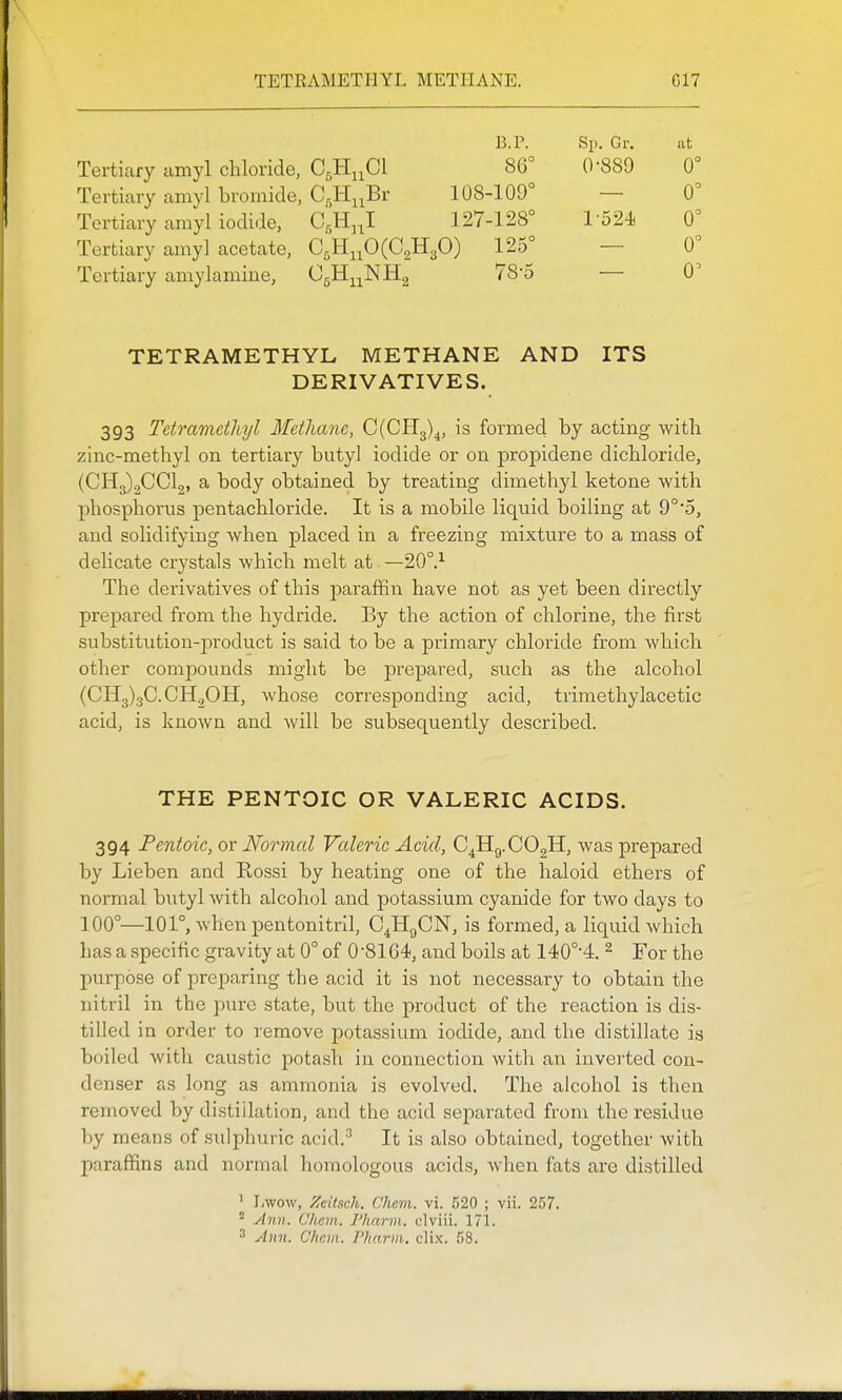 B.P. Sp. Gr, at Tertiary amyl chloride, C,H,iCl 86° 0-889 0° Tertiary amyl bromide, C,H,iBr 108-109° — 0° Tertiary amyl iodide, CH^.I 127-128° l-524< 0° Tertiary amy] acetate, CrJi^fi(C^B..,0) 125° — 0° Tertiary amylamine, OsH^iNHg 78-5 — 0' TETRAMETHYL METHANE AND ITS DERIVATIVES. 393 Tetramctliyl Methane, 0(01-13)4, is formed by acting with zinc-methyl on tertiary butyl iodide or on propidene dichloride, (CH3)2CCl2, a body obtained by treating dimethyl ketone with phosphorus pentachloride. It is a mobile liquid boiling at 9°*5, and solidifying when placed in a freezing mixture to a mass of delicate crystals which melt at —20°.^ The derivatives of this paraffin have not as yet been directly prepared from the hydride. By the action of chlorine, the first substitution-product is said to be a primary chloride from which other compounds might be prepared, such as the alcohol (0113)30. CHgOH, whose corresponding acid, trimethylacetic acid, is known and will be subsequently described. THE PENTOIC OR VALERIC ACIDS. 394 Pentoic, or Normal Valeric Acid, O^Hg.OOgH, was prepared by Lieben and Rossi by heating one of the haloid ethers of normal butyl with alcohol and potassium cyanide for two days to 100°—101°, when pentonitril, O^HgON, is formed, a liquid which has a speciiic gravity at 0° of 0-8164, and boils at 140°-4. ^ For the purpose of preparing the acid it is not necessary to obtain the nitril in the pure state, but the product of the reaction is dis- tilled in order to remove potassium iodide, and the distillate is boiled with caustic potash in connection with an inverted con- denser a s long as ammonia is evolved. The alcohol is then removed by distillation, and the acid separated from the residue by means of sulphuric acid.'* It is also obtained, together with paraffins and normal homologous acids, when fats are distilled ' Lwow, Zeitsch. Chcm. vi. 520 ; vii. 257. Ann. Chcm. J'harvi. elviii. 171. 2 Ann. Chcm. Pharm. clix. 58.