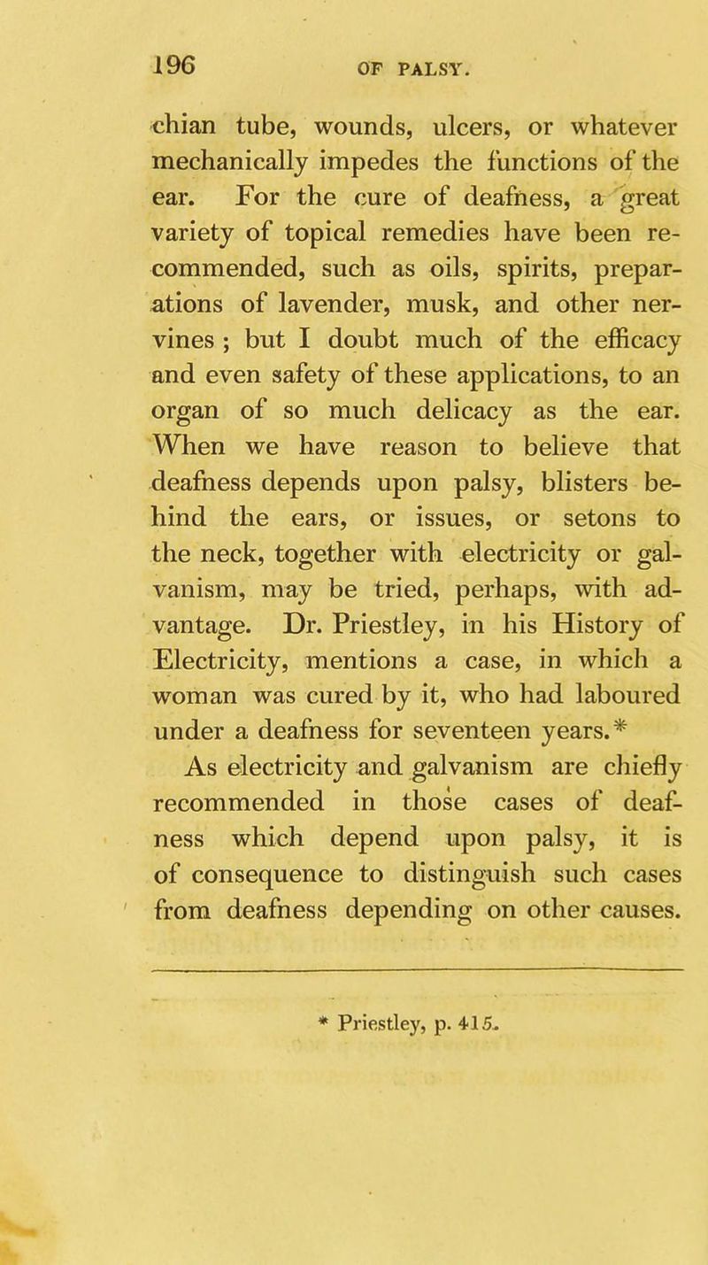 chian tube, wounds, ulcers, or whatever mechanically impedes the functions of the ear. For the cure of deafness, a great variety of topical remedies have been re- commended, such as oils, spirits, prepar- ations of lavender, musk, and other ner- vines ; but I doubt much of the efficacy and even safety of these applications, to an organ of so much delicacy as the ear. When we have reason to believe that deafness depends upon palsy, blisters be- hind the ears, or issues, or setons to the neck, together with electricity or gal- vanism, may be tried, perhaps, with ad- vantage. Dr. Priestley, in his History of Electricity, mentions a case, in which a woman was cured by it, who had laboured under a deafness for seventeen years.* As electricity and galvanism are chiefly recommended in those cases of deaf- ness which depend upon palsy, it is of consequence to distinguish such cases from deafness depending on other causes. * Priestley, p. 415.