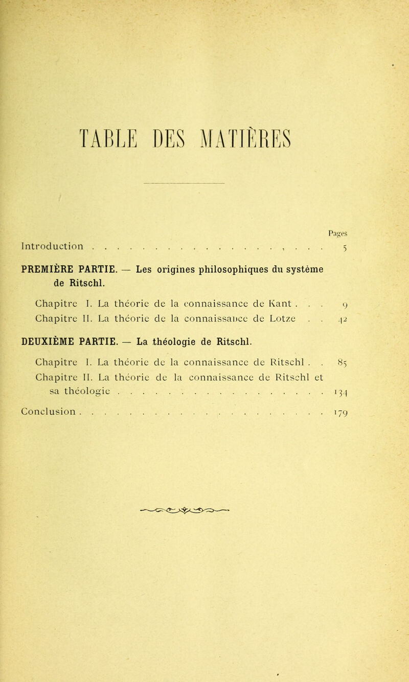 TABLE DES MATIERES Pages Introduction , . . . 5 PREMIERE PARTIE. — Les origines philosophiques dii systeme de Ritschl. Chapitrc I. La theoric de la connaissance do Kant ... 9 Chapitre II. La theoric de la connaissaitce de Lotze . . .]2 DEUXIEME PARTIE. — La theologie de RitschL Chapitre I. La theoric de la connaissance de Ritschl . . 85 Chapitre II. La theoric de la connaissance de Ritschl et sa theologie 134 Conclusion 179