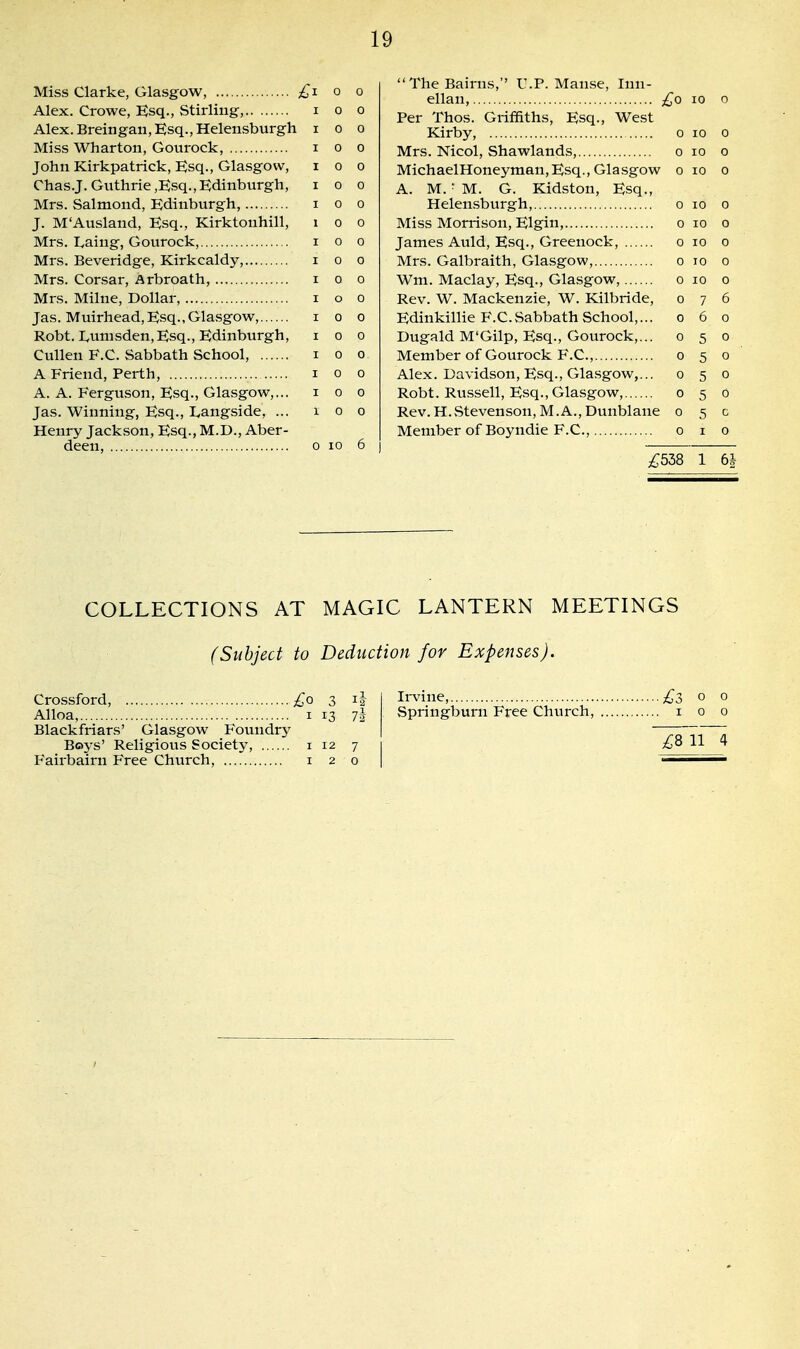 Miss Clarke, Glasgow, £i o o Alex. Crowe, Esq., Stirling, i o o Alex. Breingaii, Esq., Helensburgh i o o Miss Wharton, Gourock, i o o John Kirkpatrick, Esq., Glasgow, i o o Chas.J. Guthrie,Esq.,Edinburgh, i o o Mrs. Salmond, Edinburgh, i o o J. M'Ausland, Esq., Kirktonhill, i o o Mrs. I^aing, Gourock, i o o Mrs. Beveridge, Kirkcaldy, i o o Mrs. Corsar, Arbroath, i o o Mrs. Milne, Dollar, i o o Jas. Muirhead,Esq.,Glasgow, i o o Robt. Lunisden, Esq., Edinburgh, i o o Cullen F.C. Sabbath School, i o o A Friend, Perth, i o o A. A. Ferguson, Esq., Glasgow,... i o o Jas. Winning, Esq., I^angside, ... i o o Henry Jackson, Esq., M.D., Aber- deen, 0 10 6 I  The Bairns,'' U.P. Manse, Inn- ellan, lo Per Thos. Griffiths, Esq., West Kirby, o lo Mrs. Nicol, Shawlands, o lo MichaelHoneyraan,Esq., Glasgow o lo A. M. • M. G. Kidston, Esq., Helensburgh, o lo Miss Morrison, Elgin, o lo James Auld, Esq., Greenock, o lo Mrs. Galbraith, Glasgow, o lo Wni. Maclay, Esq., Glasgow, o lo Rev. W. Mackenzie, W. Kilbride, o 7 Edinkillie F.C.vSabbathSchool,... 0 6 Dugald M'Gilp, Esq., Gourock,... 0 5 Member of Gourock F.C, 0 5 Alex. Davidson, Esq., Glasgow,... 0 5 Robt. Russell, Esq., Glasgow, 0 5 Rev. H.Stevenson, M. A., Dunblane 0 5 Member of Boyndie F.C, 0 i ;^538 1 6J COLLECTIONS AT MAGIC LANTERN MEETINGS (Subject to Deduction for Expenses). Crossford, 3 i| Alloa, I 13 Blackfriars' Glasgow Foundry Boys' Religious Society, 112 7 Fairbairn Free Chvirch, i 2 0 Irvine, £z 0 Springburn Free Church, i 0 ;^;8 11 4