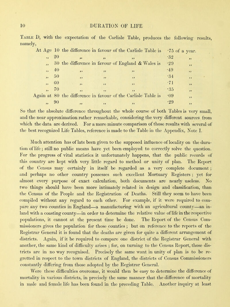 Table D, with the expectation of the Carlisle Table, produces the following results, namely, At Age 10 the difference in favour of the Carlisle Table is -75 of a year. 20 „ ,, -32 30 the difference in favour of England & Wales is -29 40 „ „ „ -49 50 „ „ „ -34 60 „ „ „ -71 70 '35 Again at 80 the difference in favour of the Carlisle Table is -09 90 '29 So that the absolute difference throughout the whole course of both Tables is very small, and the near approximation rather remarkable, considering the very different sources from which the data are derived. For a more minute comparison of those results with several of the best recognized Life Tables, reference is made to the Table in the Appendix, Note I. Much attention has of late been given to the supposed influence of locality on the dura- tion of life; stiU no pubHc means have yet been employed to correctly solve the question. For the progress of vital statistics it unfortunately happens, that the public records of this country are kept with very Uttle regard to method or unity of plan. The Report of the Census may certainly in itself be regarded as a very complete document; and perhaps no other country possesses such excellent Mortuary Registers ; yet for almost every purpose of exact calculation, both documents are nearly useless. No two things should have been more intimately related in design and classification, than the Census of the People and the Registration of Deaths. Still they seem to have been compiled without any regard to each other. For example, if it were required to com- pare any two counties in England—a manufacturing with an agricultural county—an in- land with a coasting county—in order to determine the relative value of hfe in the respective populations, it cannot at the present time be done. The Report of the Census Com- missioners gives the population for those counties ; but on reference to the reports of the Registrar General it is found that the deaths are given for quite a different arrangement of districts. Again, if it be required to compare one district of the Registrar General with another, the same kind of difficulty arises ; for, on turning to the Census Report, those dis- tricts are in no way recognised. Precisely the same want in unity of plan is to be re- gretted in respect to the town districts of England, the districts of Census Commissioners constantly differing from those adopted by the Registrar General. Were these difficulties overcome, it would then be easy to determine the difference of mortality in various districts, in precisely the same manner that the difference of mortality in male and female life has been found in the preceding Table. Another inquiry at least