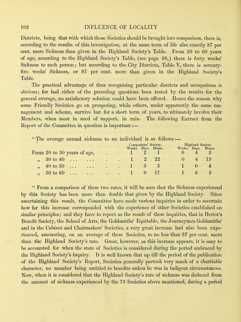 Districts, being that witli which those Societies should be brought into comparison, there is, according to the results of this investigation, at the same term of life also exactly 87 per cent, more Sickness than given in the Highland Society's Table. From 20 to 60 years of age, according to the Highland Society's Table, (see page 98,) there is forty weeks' Sickness to each person; but according to the City Districts, Table V, there is seventy- five weeks' Sickness, or 87 per cent, more than given in the Highland Society's Table. The practical advantage of thus recognising particular districts and occupations is obvious; for had either of the preceding questions been tested by the results for the general average, no satisfactory solution could have been offered. Hence the reason why some Friendly Societies go on prospering, while others, under apparently the same ma- nagement and scheme, survive but for a short term of years, to ultimately involve their Members, when most in need of support, in ruin. The following Extract from the Report of the Committee in question is important:—  The average annual sickness to an individual is as follows:— Compositqrs' Society. Highland Society. Weeks. Davs. Hours. Weeks. Days. Hours. From 20 to 30 years of age, ..121 043 „ 30 to 40 1 2 22 0 4 19 „ 40 to 50 1 3 3 1 0 4 „ 50 to 60 1 0 17 1 6 3  From a comparison of these two rates, it will be seen that the Sickness experienced by this Society has been more than double that given by the Highland Society. Since ascertaining this result, the Committee have made various inquiries in order to ascertain how far this increase corresponded with the experience of other Societies estabhshed on similar principles; and they have to report as the result of these inquiries, that in Heriot's Benefit Society, the School of Arts, the Goldsmiths' Equitable, the Journejnnen Goldsmiths' and in the Cabinet and Chairmakers' Societies, a very great increase had also been expe- rienced, amounting, on an average of these Societies, to no less than 87 per cent, more than the Highland Society's rate. Great, however, as this increase appears, it is easy to be accounted for when the state of Societies is considered during the period embraced by the Highland Society's inquiry. It is weU known that up till the period of the publication of the Highland Society's Report, Societies generally partook very much of a charitable character, no member being entitled to benefits unless he was in indigent circumstances. Now, when it is considered that the Highland Society's rate of sickness was deduced from the amount of sickness experienced by the 7 9 Societies above mentioned, during a period