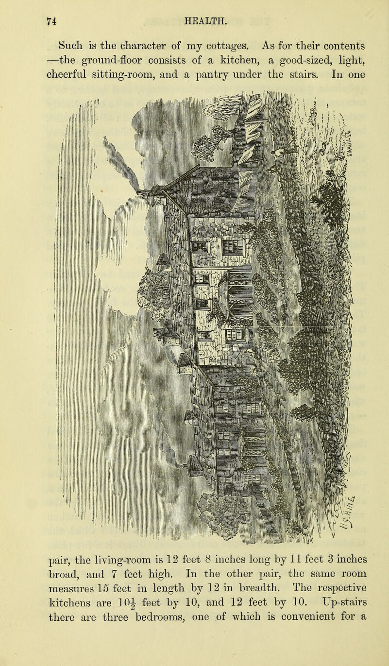 Such is the character of my cottages. As for their contents —the ground-floor consists of a kitchen, a good-sized, hght, cheerful sitting-room, and a pantry under the stairs. In one pair, the living-room is 12 feet 8 inches long by 11 feet 3 inches broad, and 7 feet high. In the other pair, the same room measures 15 feet in length by 12 in breadth. The respective kitchens are lOJ feet by 10, and 12 feet by 10. Up-stairs there are three bedrooms, one of which is convenient for a