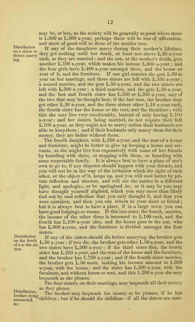 may be, or less, as the society will be generally as good where there is L.300 as L.500 a-year, perhaps there will be less of affectation, and more of good-will in those of the smaller sum. on^a^ister or an^ °^ daughters marry during their mother's lifetime, sistera marry- *key &et notnmg until her death, at least not above L.20 a-year ing. each, as they are married; and the son, at the mother's death, gets another L.100 a-year, which makes his income L.600 a-year; and the four girls have L.400 a-year amongst them, and the house or rent of it, and the furniture. If one girl marries she gets L.50 a- year on her marriage, and three sisters are left with L.350 a-year; a second marries, and she gets L.50 a-year, and the two sisters are left with L=300 a-year ; a third marries, and she gets L.50 a-year, and the last and fourth sister has L.250 or L.200 a-year, any-of the two that may be thought best; if the last sum, the brother may get other L.20 a-year, and the three sisters other L.10 a-year each, the fourth sister has the house or the rent, and the furniture ; with this she may live very comfortably, instead of only having L.100 a-year; and her sisters, being married, do not require their full L.100 a-year, as they ought not to marry unless their husbands are able to keep them ; and if their husbands only marry them for their money, they are better without them. The fourth daughter, with L.250 a-year, and the rent of a house and furniture, might be better to give up keeping a house and ser- vants, as she might live less expensively with some of her friends by boarding with them, or stopping with them, or boarding with some respectable family. It is always best to have a place of one's own to go to, if any disputes should happen with your friends, and you will not be in the way of the irritation which the sight of each other, or the object of it, keeps up, and you will cool better by pri- vate reflection and absence, and will see the matter in a different light, and apologise, or be apologised to; or it may be you may have thought yourself slighted, which you may more than likely find out by cool reflection that you only thought it, and that you were mistaken, and then you can return to your sister or friend ; but it is always best to have a place, if in a large town you can have good lodgings or rooms. If this last sister, the fourth, marries, the income of the other three is increased to L.100 each, and the fourth has L.100 a-year also, and the house goes to the son, who has L.600 a-year, and the furniture is divided amongst the four sisters. Distribution jf any 0f ^e sjsters should die before marrying, the brother gets of a^rthTsils L,5° aTear > if two die> tne brother gets other L.50 a-year, and the ters. two sisters have L.300 a-year ; if the third sister dies, the fourth sister has L.250 a-year, and the rent of the house and the furniture, and the brother has L.750 a-year; and if the fourth sister marries, the brother gets L.50 more, making his income amount to L.800 a-year, with the house; and the sister has L.200 a-year, with the furniture, and without house or rent, and this L.200 a-year she may bequeath as she pleases. The four sisters, on their marriage, may bequeath all their money . as they please. lbVotnerd^in Ttie brotner maJ bequeath his money as he pleases, if he has unmarried children ; but if he should die childless—if all the sisters are mar- &c.