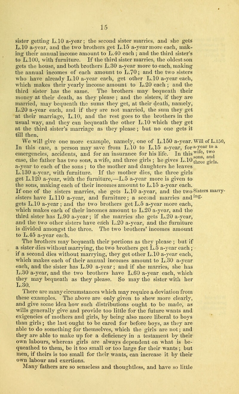 sister getting L.10 a-year; the second sister marries, and she gets L.10 a-year, and the two brothers get L.15 a-year more each, mak- ing their annual income amount to L.40 each ; and the third sister's to L.100, with furniture. If the third sister marries, the oldest son gets the house, and both brothers L.30 a-year more to each, making the annual incomes of each amount to L.70; and the two sisters who have already L.10 a-year each, get other L.10 a-year each, which makes their yearly income amount to L.20 each ; and the third sister has the same. The brothers may bequeath their money at their death, as they please ; and the sisters, if they are married, may bequeath the sums they get, at their death, namely, L.20 a-year each, and if they are not married, the sum they get at their marriage, L.10, and the rest goes to the brothers in the usual way, and they can bequeath the other L.10 which they get at the third sister's marriage as they please ; but no one gets it till then. We will give one more example, namely, one of L.150 a-year. Will of L. 150, In this case, a person may save from L.10 to L.15 a-year, fora-yeartoa emergencies, accidents, and for an insurance for his life. In thisw1^' ^ case, the father has two sons, a wife, and three girls ; he gives L.10j.lire(L gjrxs. a-year to each of the sons; to the mother and daughters he leaves L.130 a-year, with furniture. If the mother dies, the three girls get L.120 a-year, with the furniture,—L.5 a-year more is given to the sons, making each of their incomes amount to L.15 a-year each. If one of the sisters marries, she gets L.10 a-year, and the two Sisters many- sisters have L.110 a-year, and furniture; a second marries andin&- gets L.10 a-year ; and the two brothers get L.5 a-year more each, which makes each of their incomes amount to L.20 a-year, and the third sister has L.90 a-year; if she marries she gets L.20 a-year, and the two other sisters have each L.20 a-year, and the furniture is divided amongst the three. The two brothers' incomes amount to L.45 a-year each. The brothers may bequeath their portions as they please ; but if a sister dies without marrying, the two brothers get L.5 a-year each; if a second dies without marrying, they get other L.10 a-year each, which makes each of their annual incomes amount to L.30 a-year each, and the sister has L.90 a-year; and if she marries, she has L.30 a-year, and the two brothers have L.60 a-year each, which they may bequeath as they please. So may the sister with her L.30. There are many circumstances which may require a deviation from these examples. The above are only given to shew more clearly, and give some idea how such distributions ought to be made, as wills generally give and provide too little for the future wants and exigencies of mothers and girls, by being also more liberal to boys than girls; the last ought to be cared for before boys, as they are able to do something for themselves, which the girls are not; and they are able to make up for a deficiency in a testament by their own labours, whereas girls are always dependent on what is be- queathed to them, be it too small or too large for their wants ; but men, if theirs is too small for their wants, can increase it by their own labour and exertions. Many fathers are so senseless and thoughtless, and have so little
