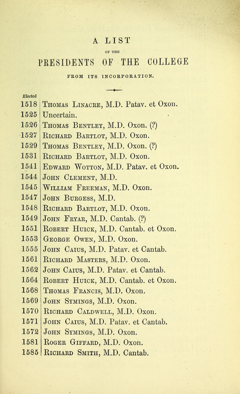 OF THE PEESIDENTS OF THE COLLEGE FROM ITS INCORPORATION. Elected 1518 1525 1526 1527 1529 1531 1541 1544 1545 1547 1548 1549 1551 1553 1555 1561 1562 1564 1568 1569 1570 1571 1572 1581 1585 Thomas Linacre, M.D. Patav. et Oxon. Uncertain. Thomas Bentley, M.D. Oxon. (?) Richard Bartlot, M.D. Oxon. Thomas Bentley, M.D. Oxon. (?) Richard Bartlot, M.D. Oxon, Edward Wotton, M.D. Patav. et Oxon. John Clement, M.D. William Freeman, M.D. Oxon. John Burgess, M.D. Richard Bartlot, M.D. Oxon. John Fryar, M.D. Cantab. (?) Robert Huick, M.D. Cantab, et Oxon. GrEORGE OwEN, M.D. Oxon. John Caius, M.D. Patav. et Cantab. Richard Masters, M.D. Oxon. John Caius, M.D. Patav. et Cantab. Robert Huick, M.D. Cantab, et Oxon. Thomas Francis, M.D. Oxon. John Symings, M.D. Oxon. Richard Caldwell, M.D. Oxon. John Caius, M.D. Patav. et Cantab. John Symings, M.D. Oxon. Roger Giefard, M.D. Oxon. Richard Smith, M.D. Cantab.