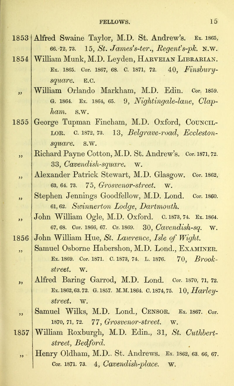 Alfred Swaine Taylor, M.D. St. Andrew's. Ex. 1865, 66.-72, 73. 15, St. James's-ter., Regent's-ph N.w. William Munk, M.D. Leyden, Harveian Librarian. Ex. 1865. Cor. 1867, 68. C. 1871, 72. 40, Fifisbury- square. e.c. William Orlando Markham, M.D. Edin. Cor. 1859. a. 1864. Ex. 1864, 65. 9, Nightingale-lane, Clap- ham, s.w. George Tupman Fincliam, M.D. Oxford, Council- lor, c. 1872, 73. 13, Belgrave-road, Eccleston- square. s.w. Kichard Payne Cotton, M.D. St. Andrew's. Cor. i87i, 72. 33, Cavendish-square, w. Alexander Patrick Stewart, M.D. Glasgow. Cor. 1862, 63, 64. 73. 75, Grosvenor-street. w. Stephen Jennings Goodfellow, M.D. Lond. Cor. i860. 6i, 62. Sioinnerton Lodge, Dartmouth. John William Ogle, M.D. Oxford, c. 1873,74. Ex. 1864. 67,68. Cor. 1866, 67. Cr. 1869. 30, Cavendish-sq. w. John William Hue, St. Laivrence, Isle of Wight. Samuel Osborne Habershon, M.D. Lond., Examiner. Ex. 1869. Cor. 1871. C. 1873, 74. L. 1876. 70, Brook- street. w. Alfred Baring Garrod, M.D. Lond. Cor. 1870, 71, 72. Ex. 1862,63.72. a. 1857. M.M.1864. C. 1874,75. 10, Harley- street. w. Samuel Wilks, M.D. Lond., Censor. Ex. 1867. Cor. 1870, 71, 72. 77? Grosvenor-street. w. William Roxburgh, M.D. Edin., 31, St Cuthbert- street, Bedford. Henry Oldham, M.D., St. Andrews. Ex. 1862, 63. 66, 67. Cor. 1871. 73. 4, Cavendish-place, w.