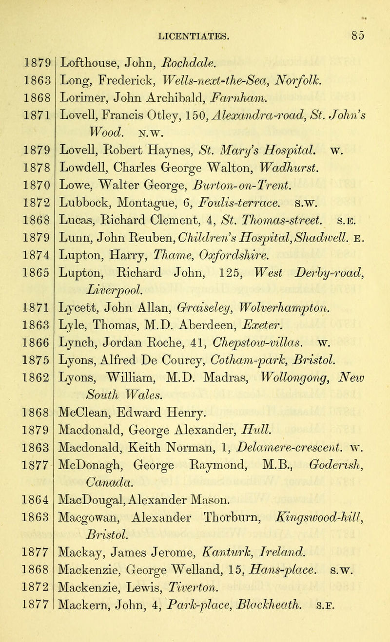 Lofthouse, John, Rochdale. Long, Frederick, Wells-next-the-Sea, Norfolk. Lorimer, John Archibald, Farnham. Lovell, Francis Otley, 150, Alexandra-road, St. Johns Wood. n.w. Lovell, Robert Haynes, St Marys Hospital, w. Lowdell, Charles George Walton, Wadhurst. Lowe, Walter George, Burton-on-Trent. Lubbock, Montague, 6, Foulis-terrace. s.w. Lucas, Richard Clement, 4, St Thomas-street, s.e. Lunn, John Reuben, Children's Ho spited, Shadw ell. E. Lupton, Harry, Thame, Oxfordshire. Lupton, Richard John, 125, West Derby-road, Liverpool. Lycett, John Allan, Graiseley, Wolverhampton. Lyle, Thomas, M.D. Aberdeen, Exeter. Lynch, Jordan Roche, 41, Chepstow-villas. w. Lyons, Alfred De Courcy, Cotham-park, Bristol. Lyons, William, M.D. Madras, Wollongong, New South Wales. McClean, Edward Henry. Macdonald, George Alexander, Hull. Macdonald, Keith Norman, 1, Delamere-crescent. w. McDonagh, George Raymond, M.B., Godemsh, Canada. MacDougal, Alexander Mason. Macgowan, Alexander Thorburn, Kingsivood-hill, Bristol. Mackay, James Jerome, Kanturk, Ireland. Mackenzie, George Welland, 15, Hans-place, s.w. Mackenzie, Lewis, Tiverton. Mackern, John, 4, Park-place, Blackheath. s.e.