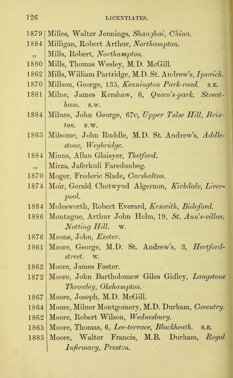 1879 Milles, Walter Jennings, Shanghai, China. 1884 Milligan, Robert Arthur, Northampton. Mills, Kobert, Northamioton. 1880 Mills, Thomas Wesley, M.D. McGill. 1862 Mills, William Partridge, M.D. St. Andrew's, Ipsivick 1870 Millson, George, 135, Kennington Farh-road. s.e. 1881 Milne, James Kershaw, 6, Queen s~parh Streat- ham. s.w. 1884 Milnes, John George, 67o, Upper Tulse Hill, Brix- ton, s.w. 1863 Milsome, John Ruddle, M.D. St. Andrew's, Addle- stone, Weyhridge. 1884 Minns, Allan Glaisyer, Thetford. ,, Mirza, Jaferkuli Fared unbeg. 1870 Moger, Frederic Slade, Carshalton. 1874 Moir, Gerald Chetwynd Algernon, Kirkdale, Liver- pool. 1884 Moles worth, Robert Everard, Kemvith, Bideford. 1886 Montague, Arthur John Helm, 19, St. Ann's-villas, JS/otting Hill. w. 1876 Moone, John, Exeter. 1861 Moore, George, M.D. St. Andrews, 3, Hertford- street, w. 1862 Moore, James Foster. 1872 Moore, John Bartholomew Giles Gidley, Langstone Throivley, Okehampton. 1867 Moore, Joseph, M.D. McGill. 1864 Moore, Milner Montgomery, M.D. Durham, Coventry. 1862 Moore, Robert Wilson, Wedneshury. 1865 Moore, Thomas, 6, Lee-terrace, Blackheath. s.e. 1885 Moore, Walter Francis, M.B. Diu-ham, Royal j Infirmary, Preston.