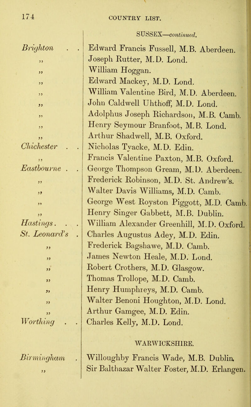 SUSSEX—continued, Edward Francis Fussell, M.B. Aberdeen. Joseph Rutter, M.D. Lond. William Hoggan. Edward Mackey, M.D. Lond. William Valentine Bird, M.D. Aberdeen. John Caldwell UhthofF, M.D. Lond. Adolphus Joseph Richardson, M.B. Camb. Henry Seymour Branfoot, M. B. Lond. Arthur Shadwell, M.B. Oxford. Nicholas Tyacke, M.D. Edin. Francis Valentine Paxton, M.B. Oxford. George Thompson Gream, M.D. Aberdeen. Frederick Robinson, M.D. St. Andrew's. Walter Davis Williams, M.D. Camb. George West Royston Piggott, M.D. Camb. Henry Singer Gabbett, M.B. Dublin. William Alexander Greenhill, M.D. Oxford. Charles Augustus Adey, M.D. Edin. Frederick Bagshawe, M.D. Camb. James Newton Heale, M.D. Lond. Robert Crothers, M.D. Glasg ow. Thomas Trohope, M.D. Camb. Henry Humphreys, M.D. Camb. Walter Benoni Houghton, M.D. Lond. Arthur Gamgee, M.D. Edin. Charles Kelly, M.D. Lond. WARWICKSHIRE. Willoughby Francis Wade, M.B. Dublia Sir Balthazar Walter Foster, M.D. Erlangen.